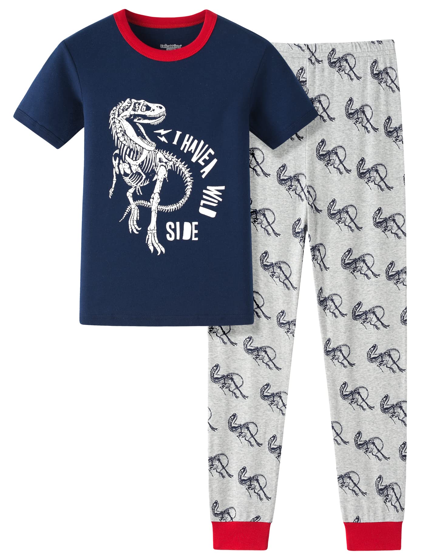 UNICABBIT21 Dinosaur Pajamas for Boys Glow In The Dark and Stripe Pants Summer Kids Snug Fit Sleepwear Size 4T-14