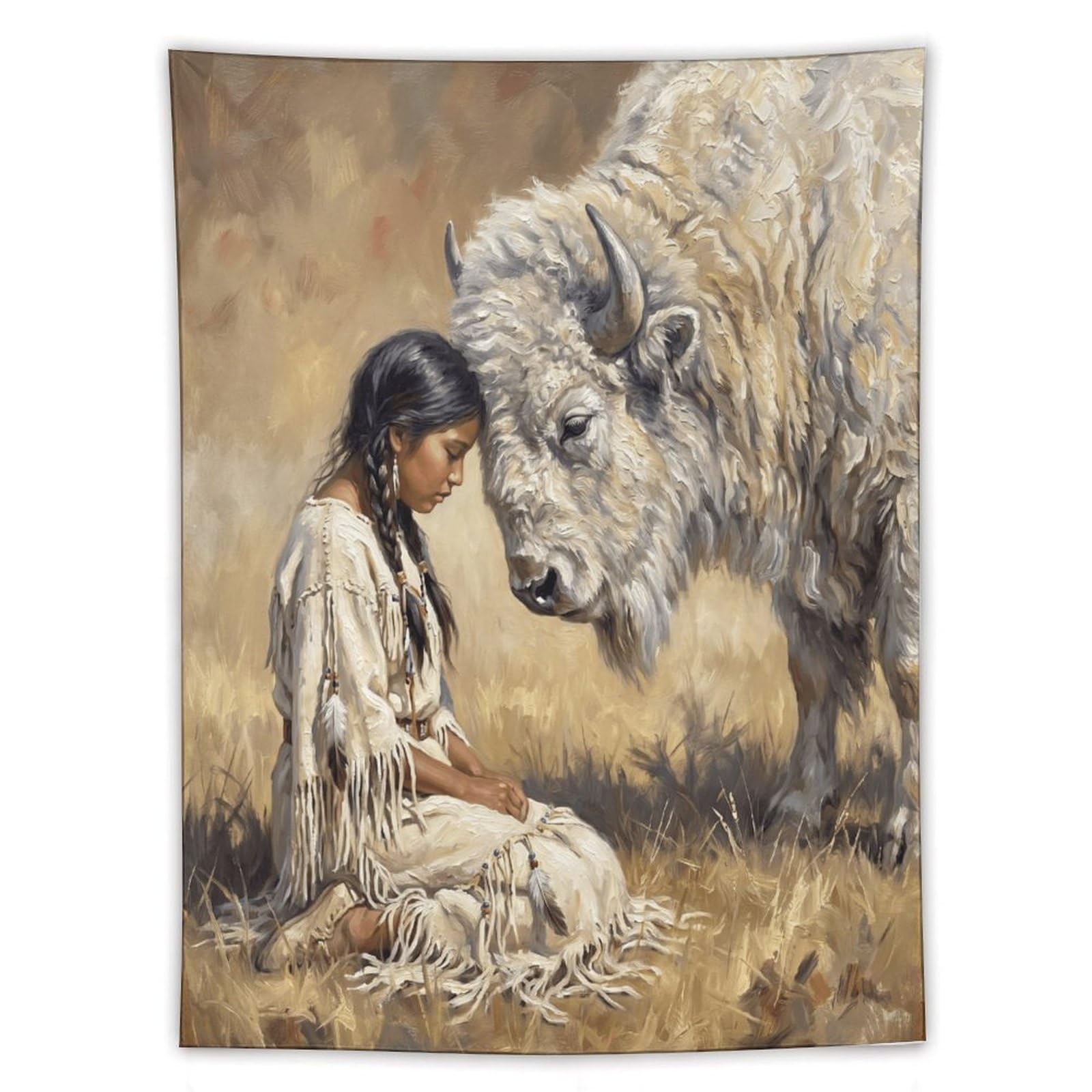 W7C8U2X3 White Buffalo Woman Rustic Wall Tapestry, College Dorm