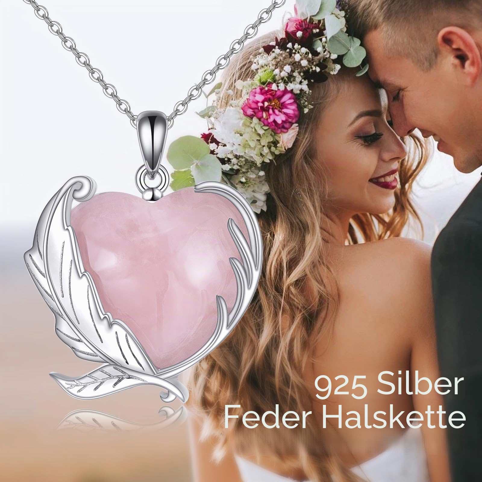 YFN Feder Kette Sterling Silber Rosenquarz Herz Anhänger Halskette Federschmuck für Frauen Mädchen Feder Geschenke
