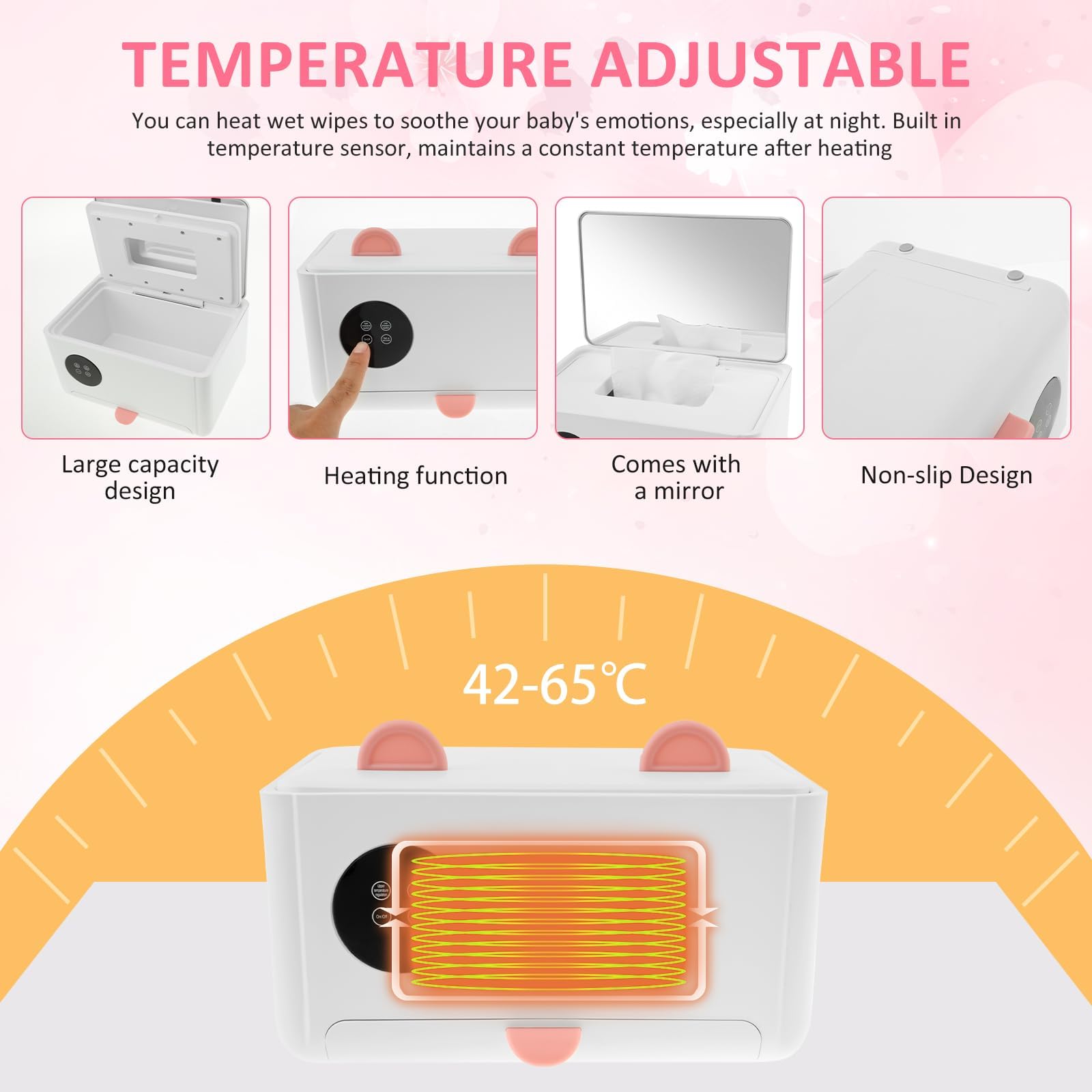 Podgrzewacz do wycieraczek dla niemowląt z wyświetlaczem LCD, regulowana temperatura 42-65°C, stała temperatura 24-godzinna, przenośny dozownik chusteczek nawilżanych do domu, pojazdu i biura
