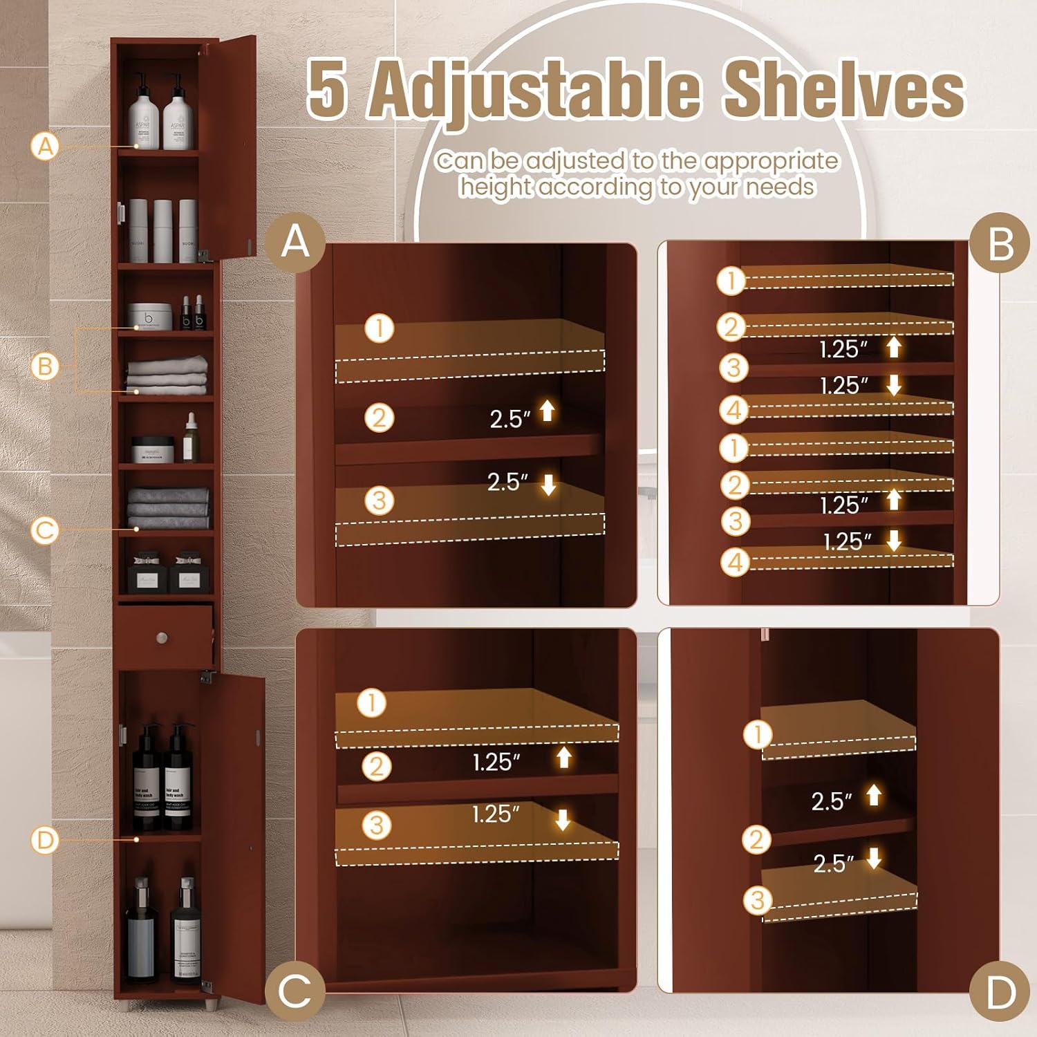 Tall Bathroom Storage Cabinet, 71’’ Slim Linen Tower Organizer with 2 Doors, 5 Adjustable Shelves & 1 Drawer, Narrow Floor Freestanding Bathroom Cabinet for Small Spaces (Brown)