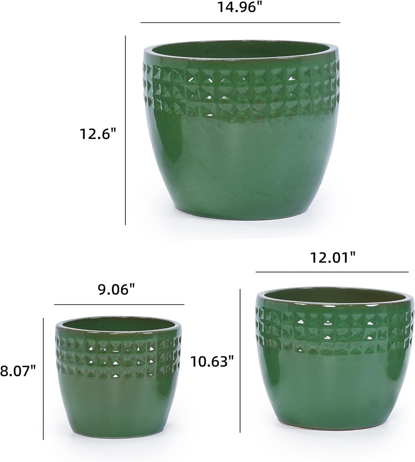 Handmade Ceramic Glazed Planter Set of 3, 15/12/9 Inch Large Plant Pots with Drainage Holes, Diamond Decorative Ceramic Pots for Indoor Outdoor Plants, Succulents & Home Decor, Ancient Green