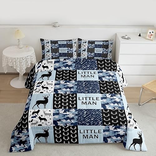 Miniatura 4 de Manfei Juego de edredón de camuflaje con cuernos de ciervo tamaño individual, juego de ropa de cama de retazos geométricos de 2 piezas para niños,