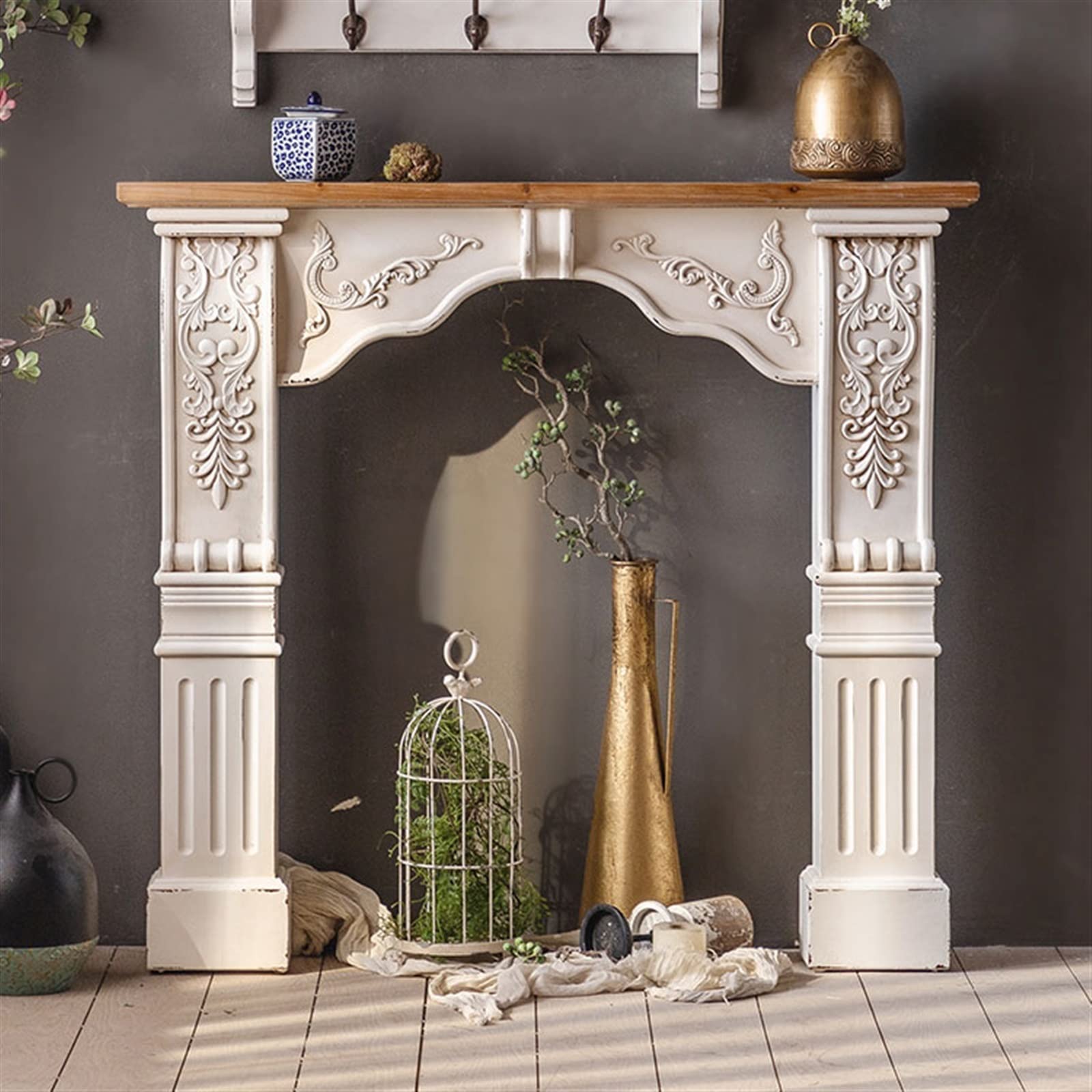 Dekorative Kaminkonsole Europäischer Kaminsims, Vintage-Bogenkamin, Dekoratives Regal, Wohnzimmer, Kamin, Ofen, Kaminsims Kaminumrandung Kamingehäuse