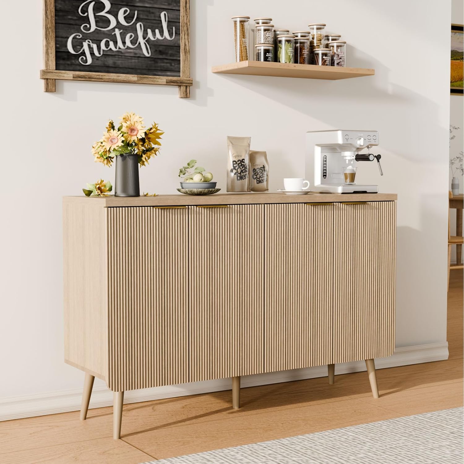 Modern Wavy Door Sideboard Buffet Cabinet with Solid Wood Feet & Adjustable Shelves, 4 Doors Storage Console Table for Entryway, Living Room, Kitchen & Hallway