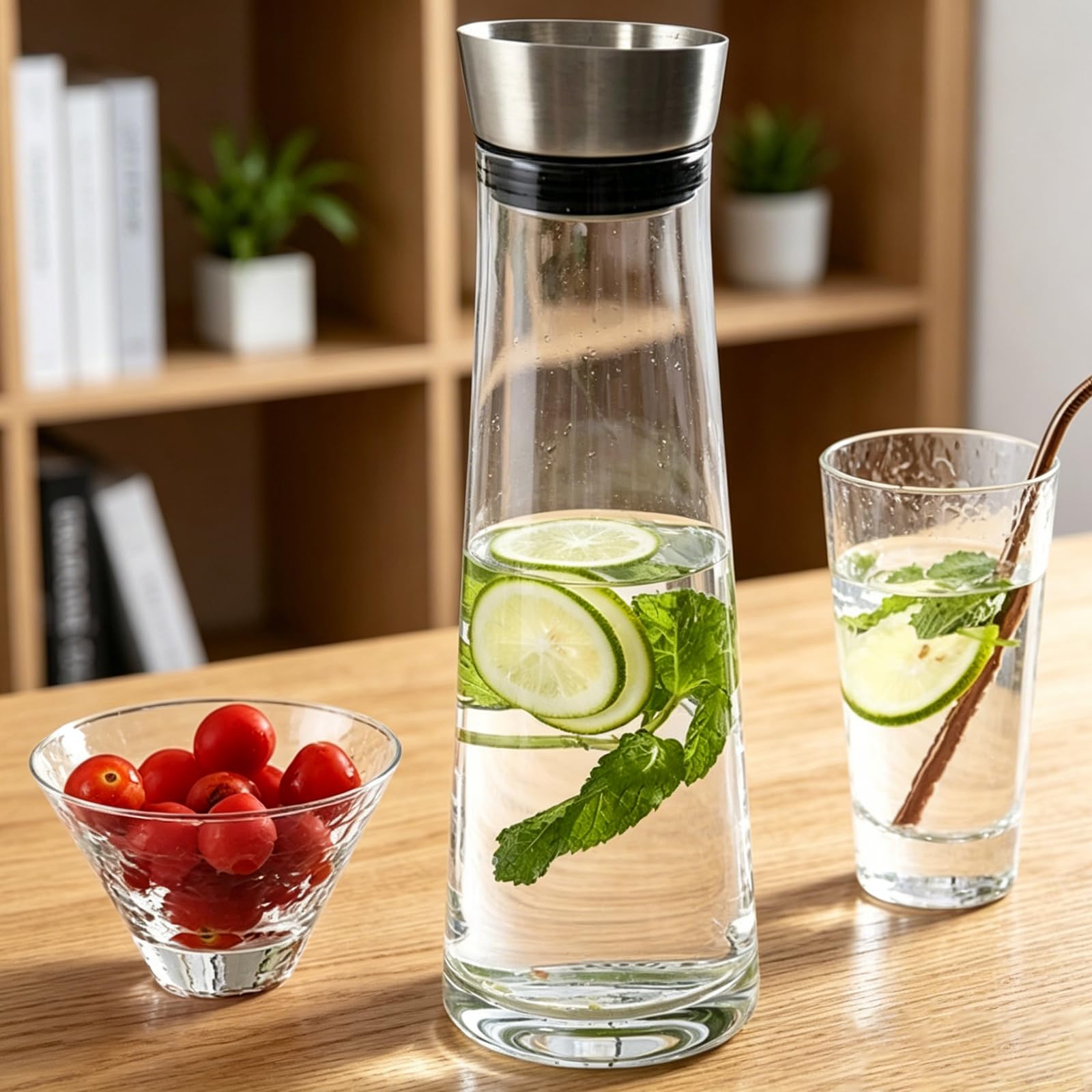 APACALI 2 caraffe per acqua in vetro con coperchio, caraffa in vetro da 1,5 litri, coperchio in vetro in acciaio inox, caraffa in vetro per bevande fatte in casa, tè freddo, latte, caffè e vino