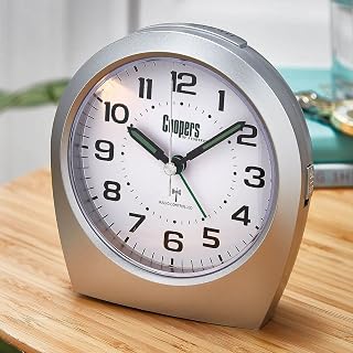 Big Digit Radio Controlled Analogue Alarm Clock Silver, Self Adjusts, Large Clear Numbers H11cm