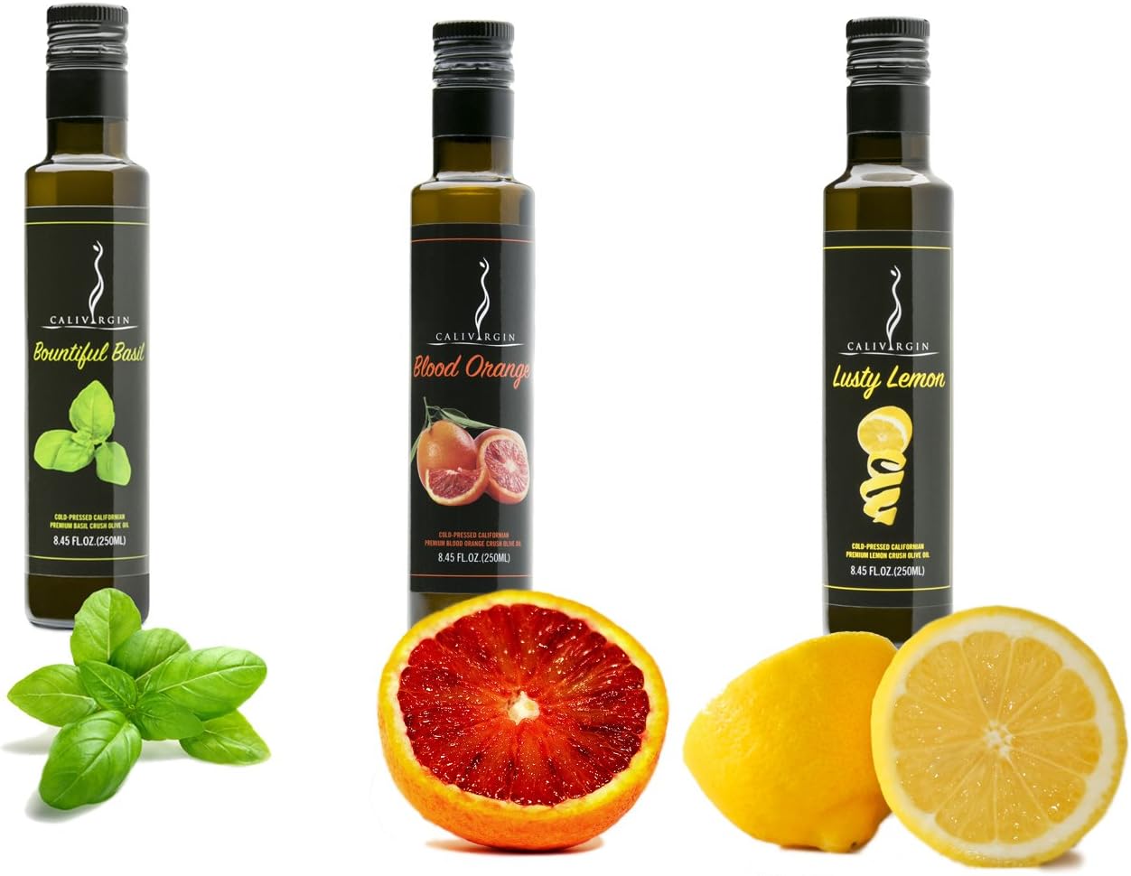 NEW: Calivirgin Flavor-Crushed Extra Virgin Olive Oil 3 Pack (Bountiful Basil, Lusty Lemon, Blood Orange) - Organically and Sustainably Produced in California - 100% Natural Flavor (8.45 Fl.Oz. Each)