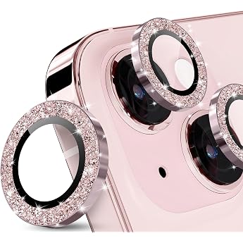 imluckies Camera Protection for iPhone 15 / iPhone 15 Plus Camera Protective Film Glitter Aluminium Alloy & 9H Tempered Glass HD Clear Lens Protection Glitter Pink