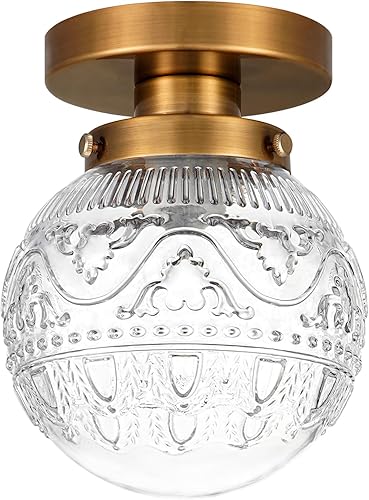 Miniatura 11 de Lámpara de Techo Semiempotrada, Accesorio de Iluminación de Techo de Cocina Vintage Dorado, Luz de Techo Cercana con Globo de Cristal Ámbar,