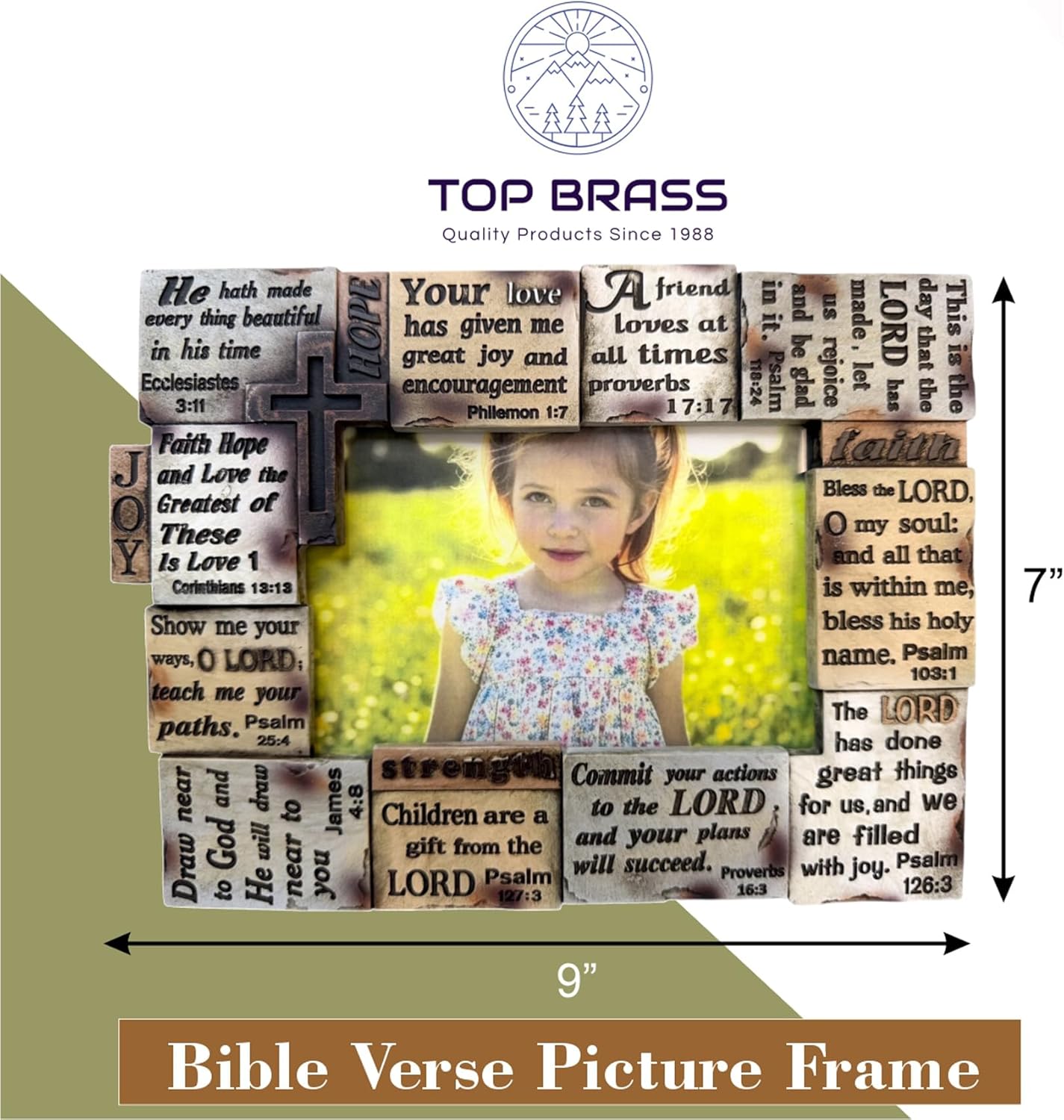 Top Brass Bible Verse 4x6 Picture Frame – Resin Motivational Christian Scripture, Inspirational Spiritual Quotes and Cross, Freestanding or Wall Hanging Home Décor