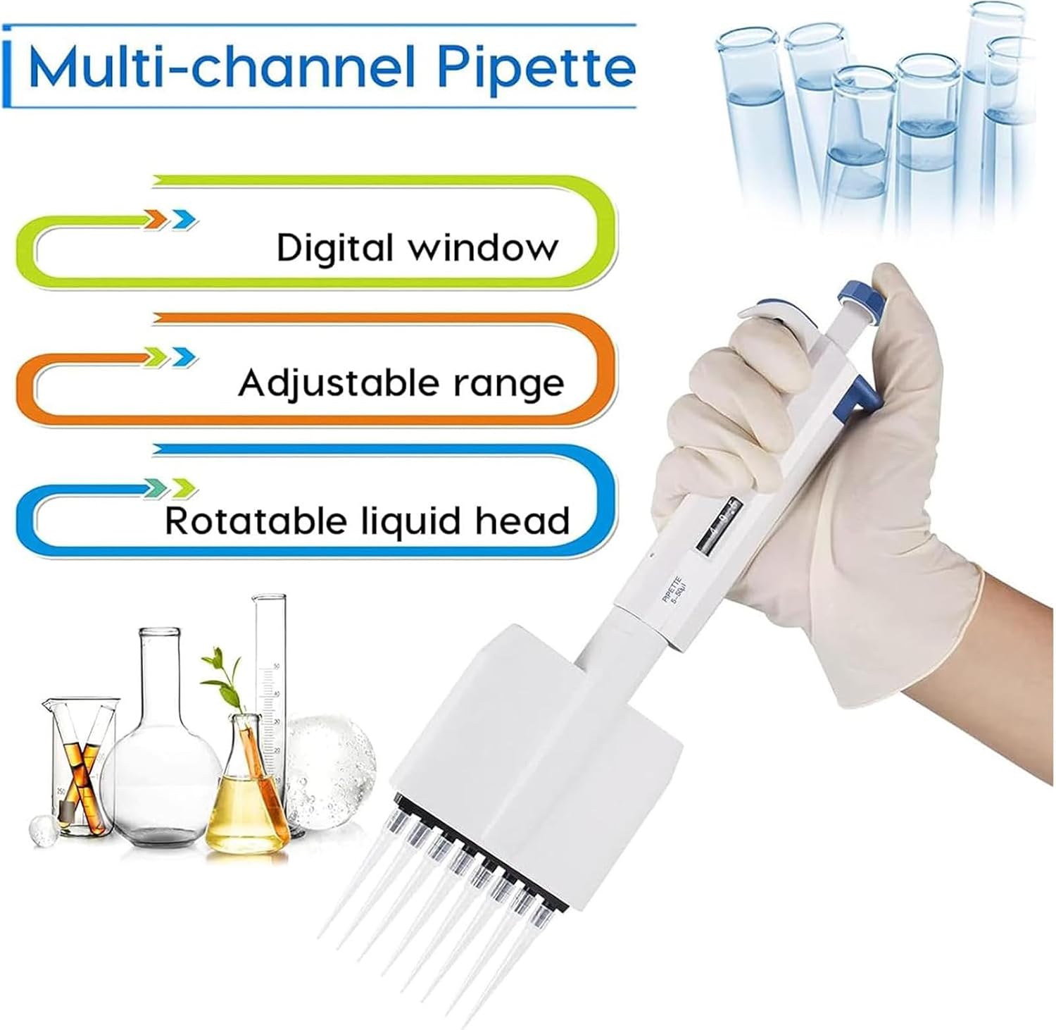 Multi-Channel Pipettor Controller, 8 Channels Pipette, 0.5ul-300ul Volume Range Multi-Channel Accurate Sampling,Manual Digital Adjustable Micropipette,5-50ul