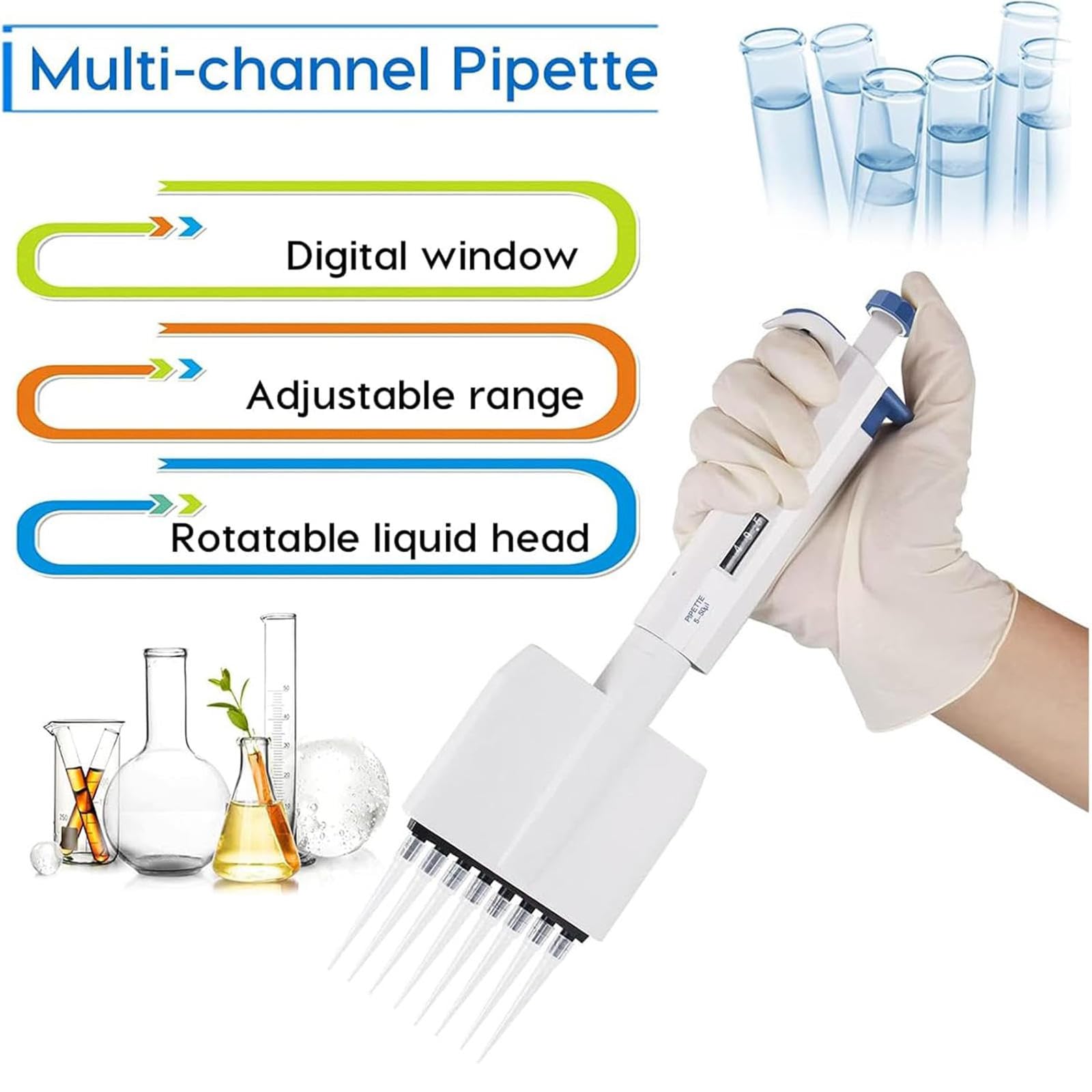 Mehrkanal-Pipettier-Controller, 8-Kanal-Pipette, 0,5 Ul-300 Ul Volumenbereich, Präzise Mehrkanal-Probenahme, Manuell Digital Einstellbare Mikropipette,5-50ul