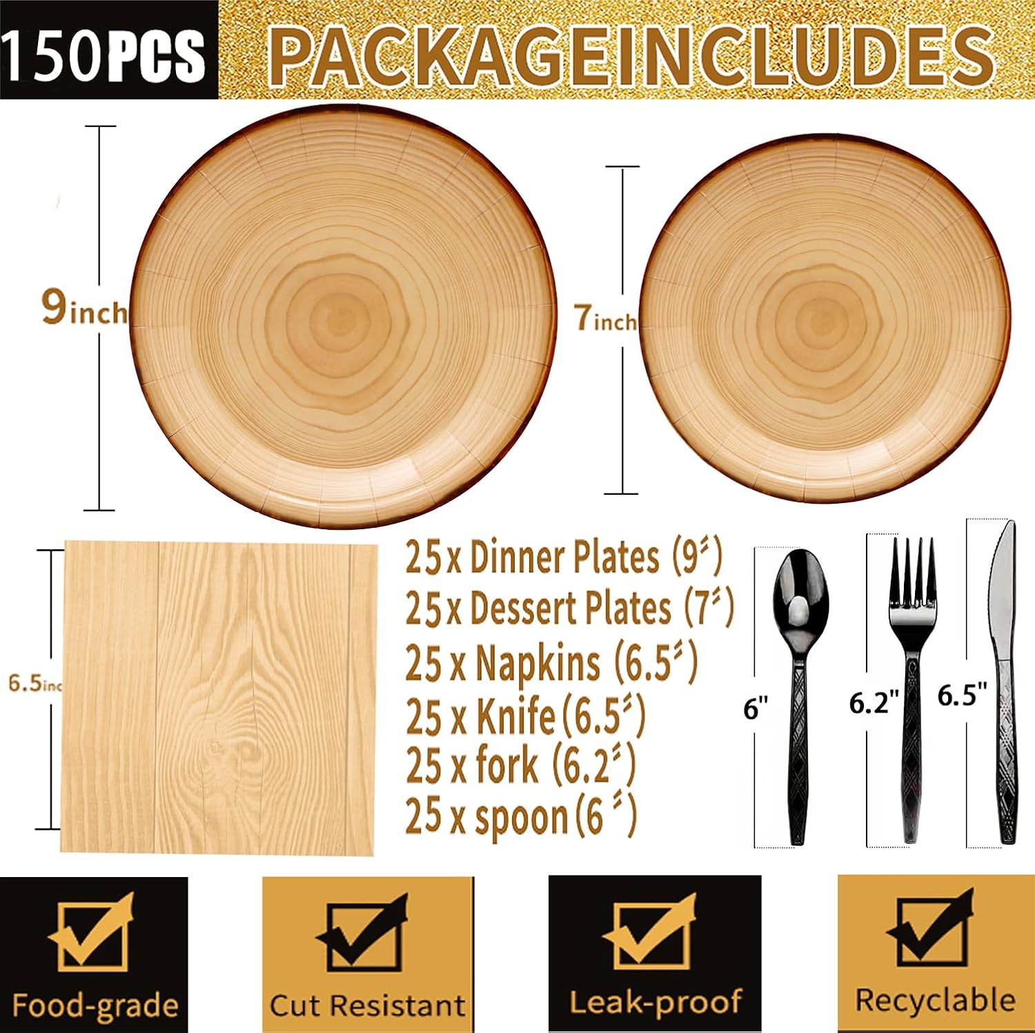 150Pcs Rustic Wood Slice Party Tableware Set - 9" & 7" Wood Grain Paper Plates, Napkins, Knives, Forks, Spoons for Camp Fire, Camping, Woodland Animal, Lumberjack Birthday Party Decor