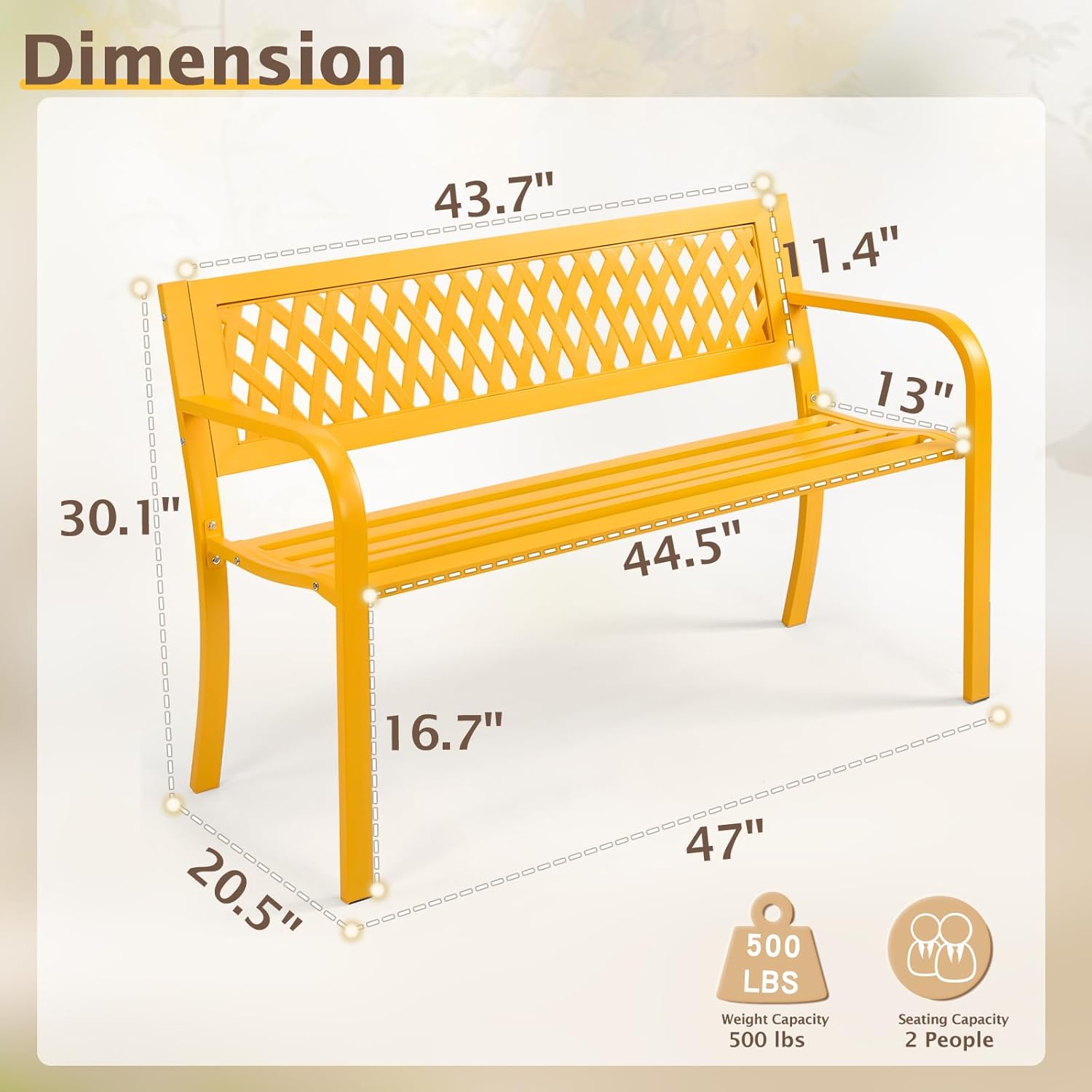 47" Outdoor Garden Bench, Patio Metal Frame Park Bench with Mesh Pattern Backrest for Porch, Lawn, Deck
