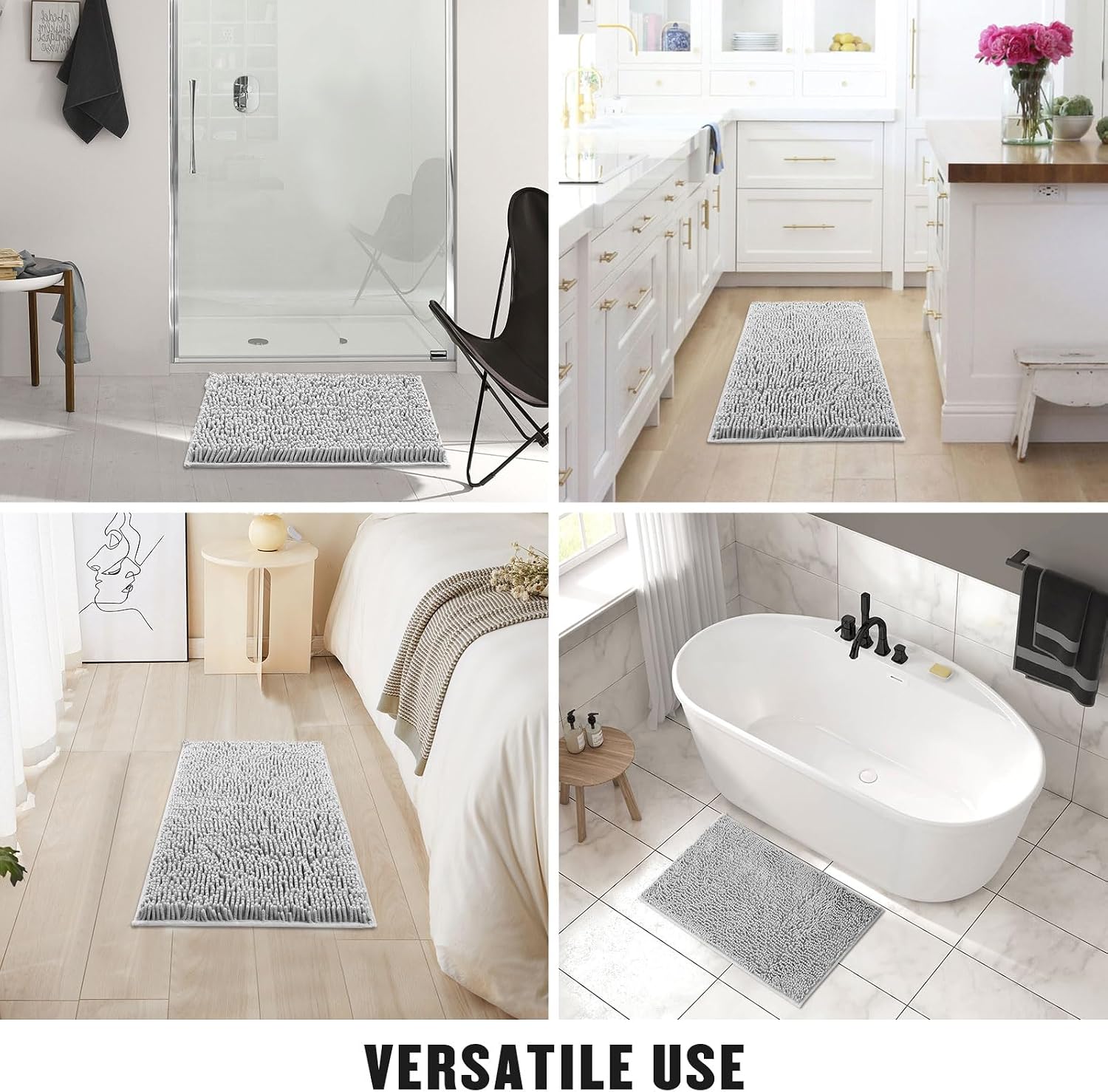MitoVilla Light Grey Bathroom Runner Rugs - Soft Absorbent Non Slip, Thick Washable Plush Bath Rugs, Modern Chenille Shower Floor Mat, 20" x 32"