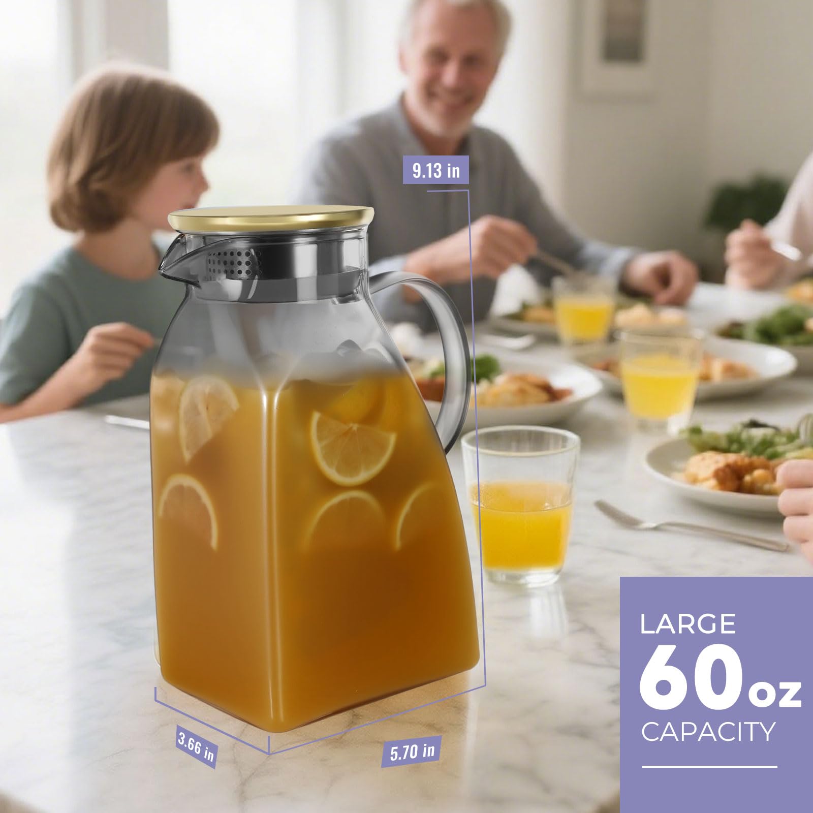 Wasserkrug Aus Glas 1,8 Liter – Flache Karaffe Mit Deckel Für Kühlschrank, Heiß & Kalt Geeignet