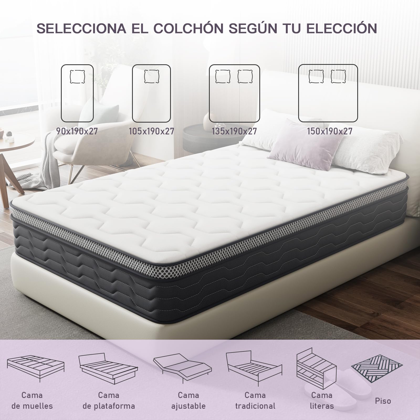 TEENO Colchón 150x190 | Altura 27 cm | Colchón Viscoelástico | Firmeza Media-Alta | Núcleo de Muelle Ensacado | Cama Doble | Transpirable | Antibacterias | Hipoalergénico