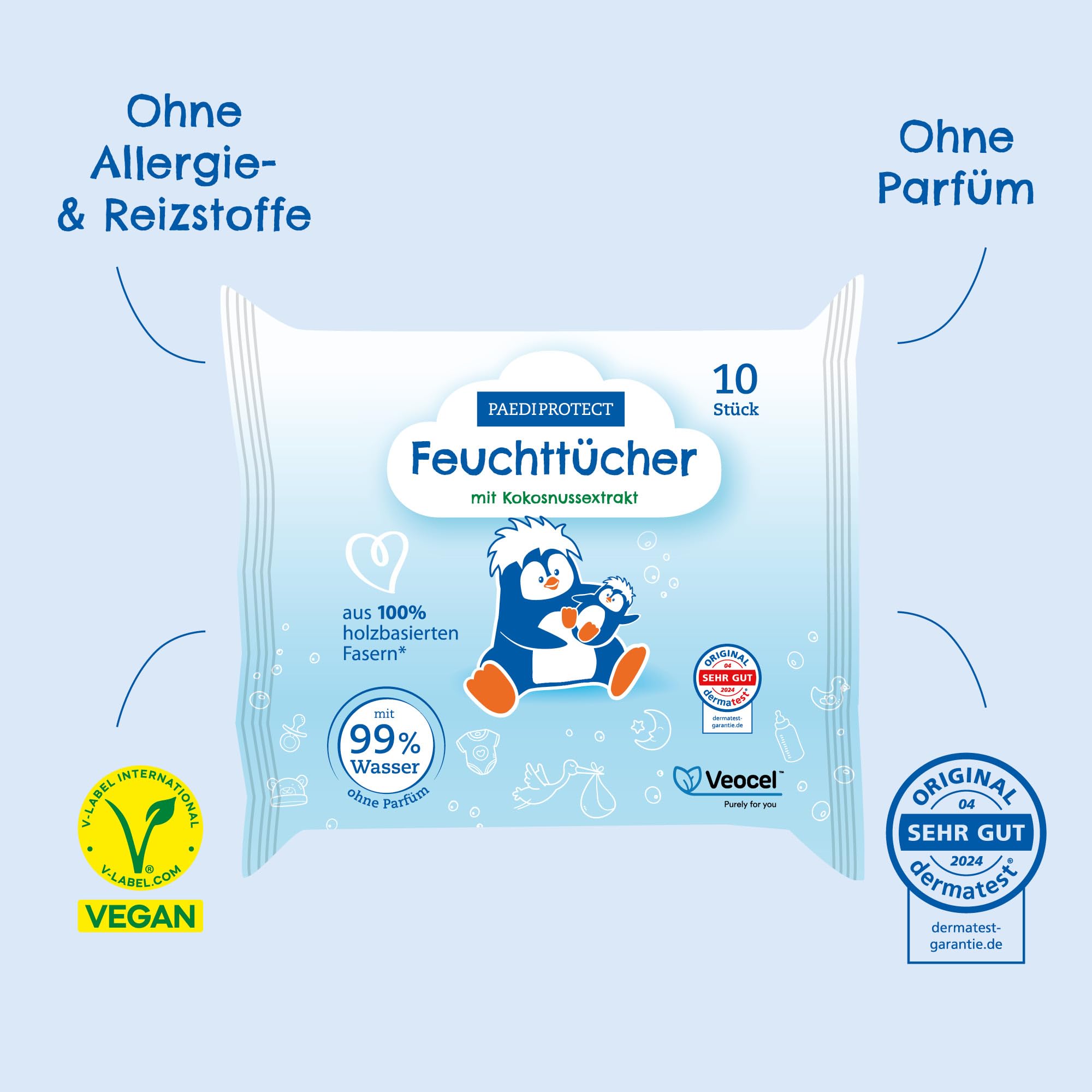 PAEDIPROTECT Feuchttücher 3 x 48 Stück, sensitive Baby Water Wipes mit 99% Wasser ohne Duftstoffe, für zarte Baby- und Kinderhaut, mit Kokosnussextrakt, ohne Mikroplastik, vegan (Packung mit 3)