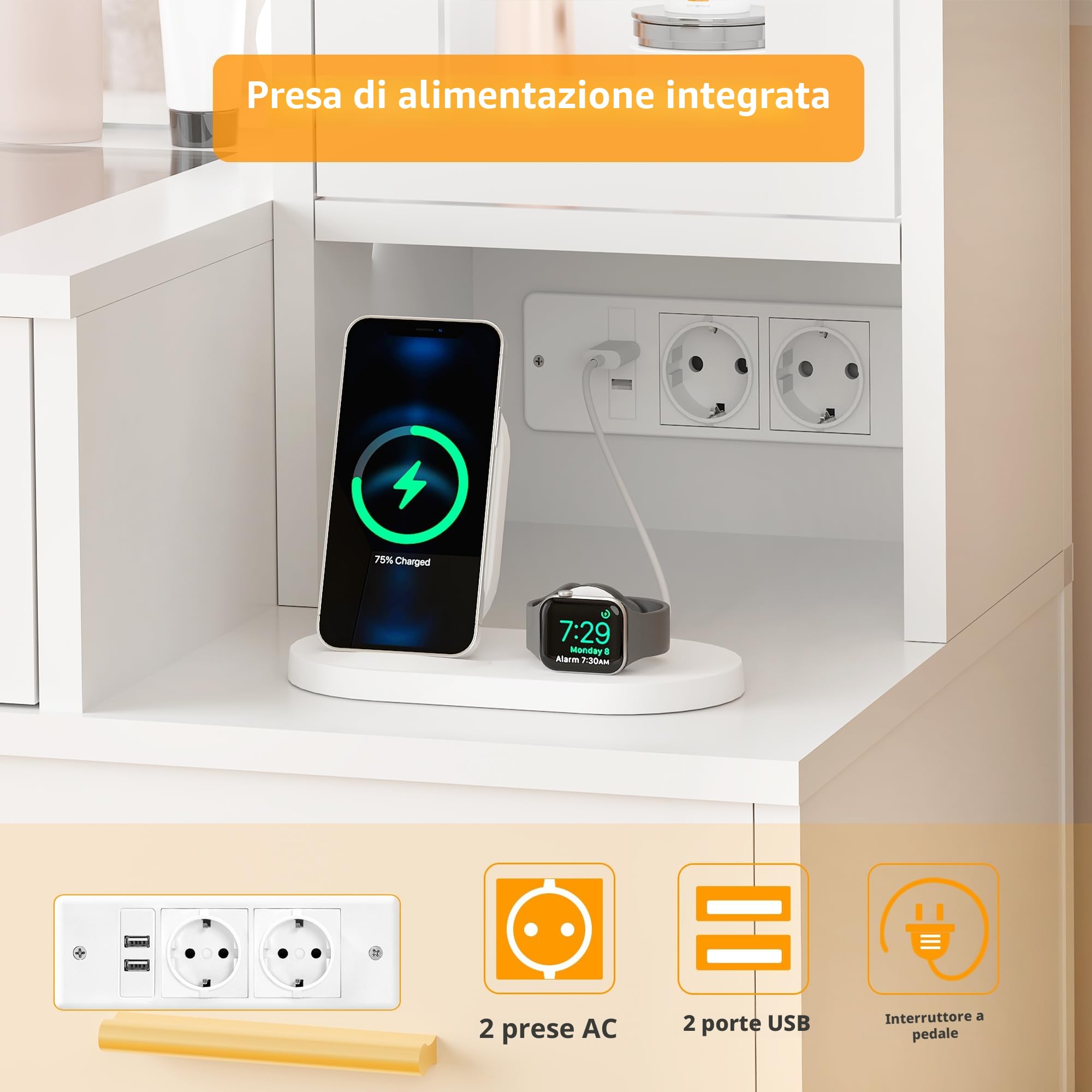 BEWISHOME Grande Toeletta da Trucco con Specchio e Luci,Luminosità Regolabile, Toeletta Trucco con Piano in Vetro,Tavolo da Trucco con Presa,5 Cassetti,per Camera da Letto Bianco EFST34W