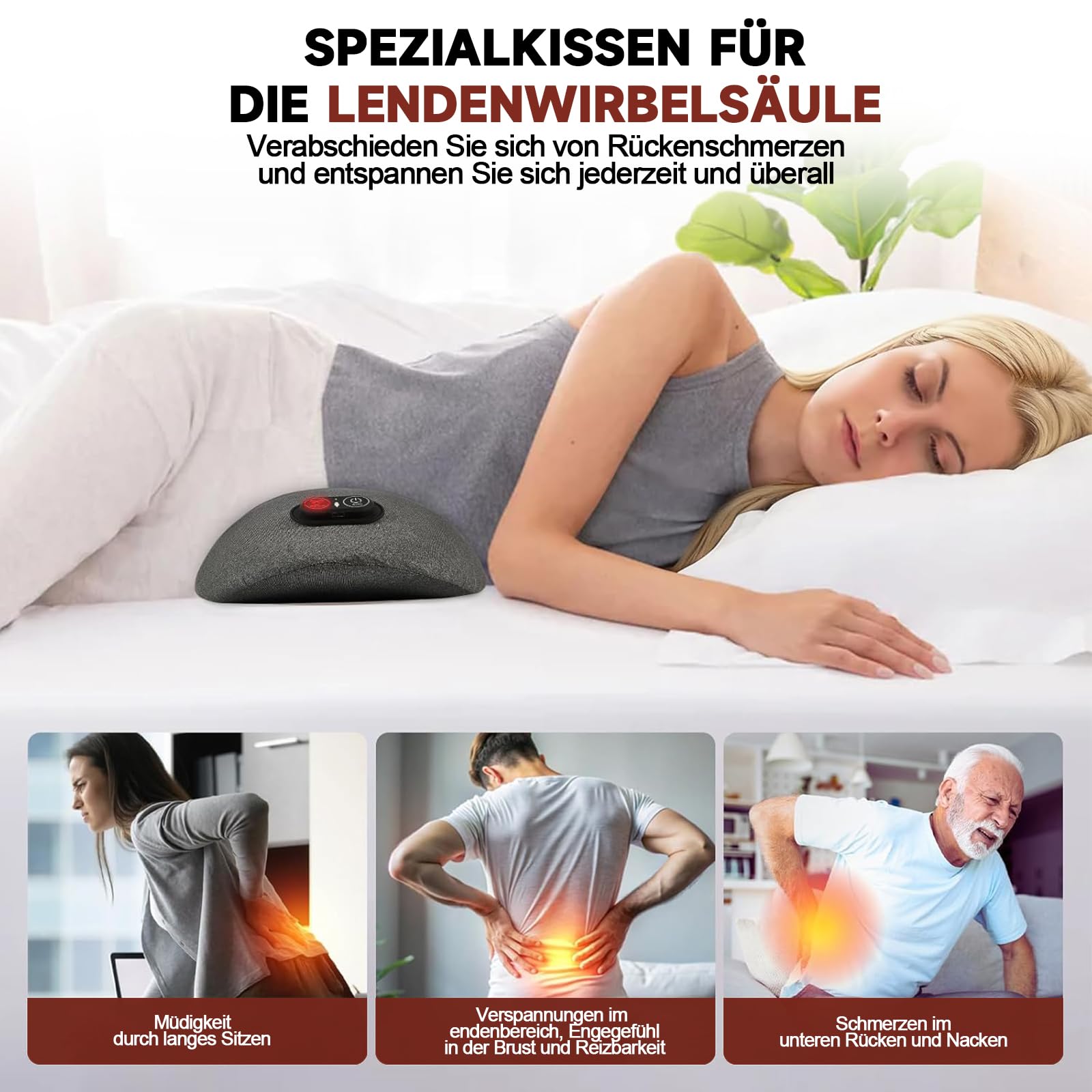 3-in-1 Rückenmassagegerät mit Luftkissen-Traktion, Vibration und Wärme - Elektrisches Lendenwirbelstützkissen für Nacken, Schultern und Rücken | Büro, Zuhause, Reise