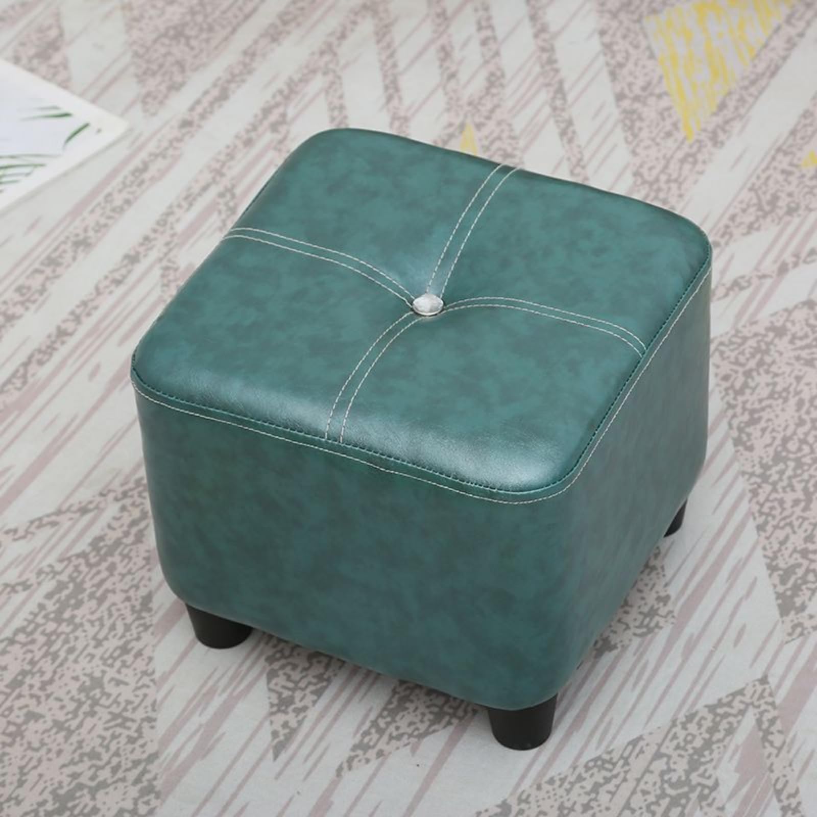LMMIAOZ Modern Square Foot Stool Oil Wax Leather Soft & Anti Slip Easy to Clean Green 35CM Height