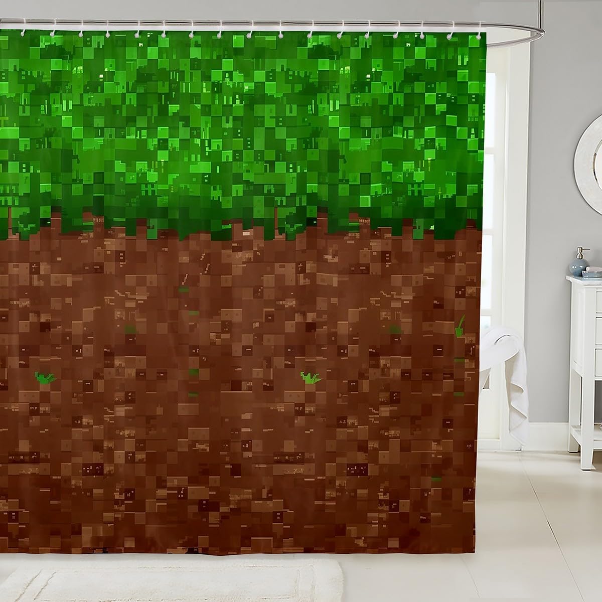 jejeloiu Pixel Shower Curtain for Bathroom Decor 84" L x 72" W Kids Video Game Themed Bath Curtain for Boys Girls Green Brown Bathroom Accessories,Polyester