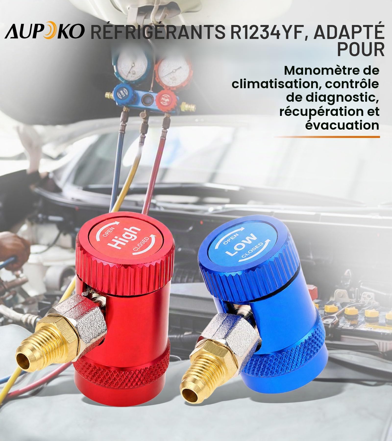 Aupoko R1234yf Coupleurs rapides, côté haut/bas R1234yf Adaptateurs de connecteur manuels avec port mâle de 6,35 mm, remplacement pour manomètre de collecteur de réfrigérants A/C