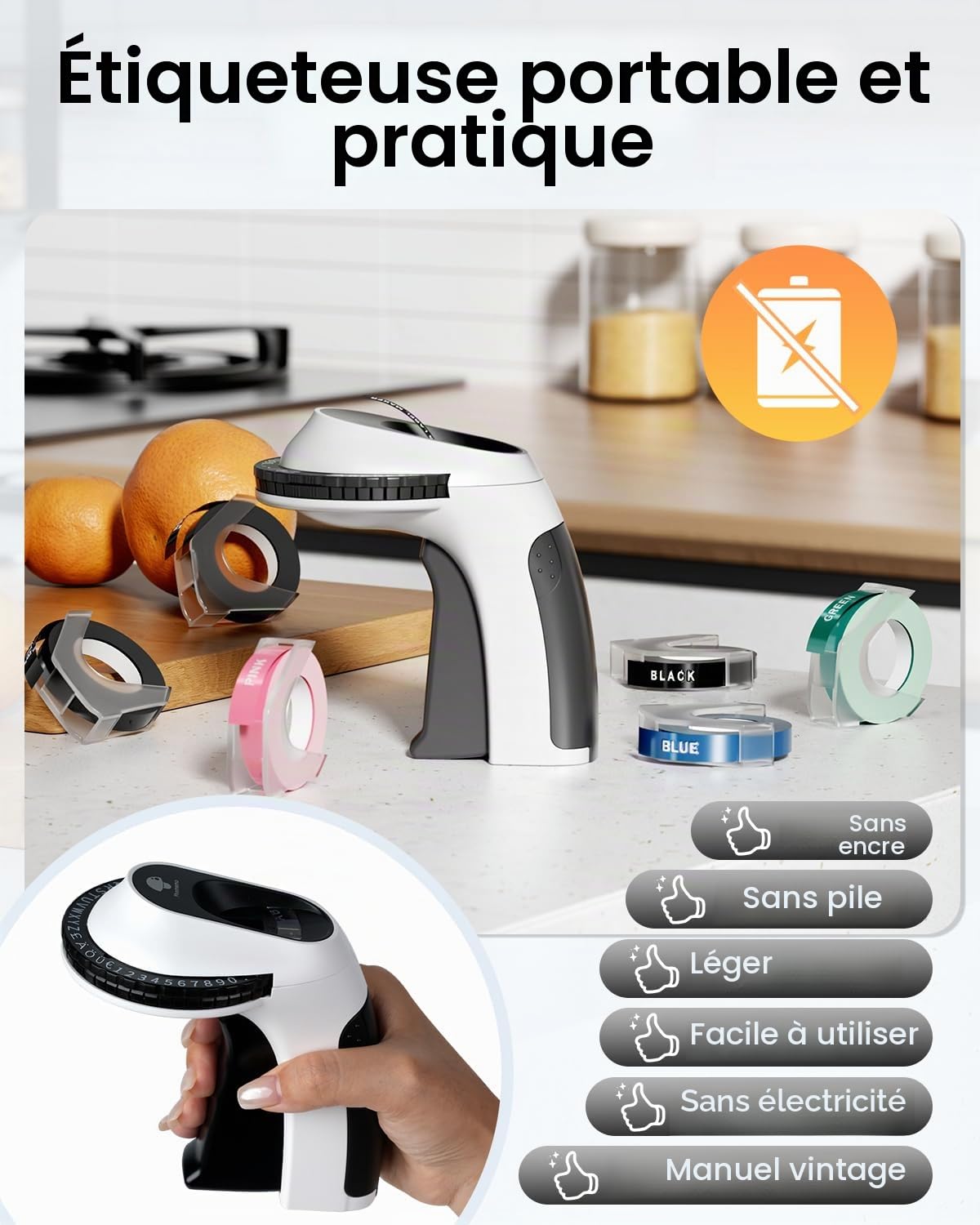 Phomemo E975 Étiqueteuse à embosser avec ruban adhésif - Imprimante d'étiquettes 3D en relief - Imprimantes d'étiquettes vintage pour usage domestique, bureau et bricolage avec 3 rubans adhésifs de 9