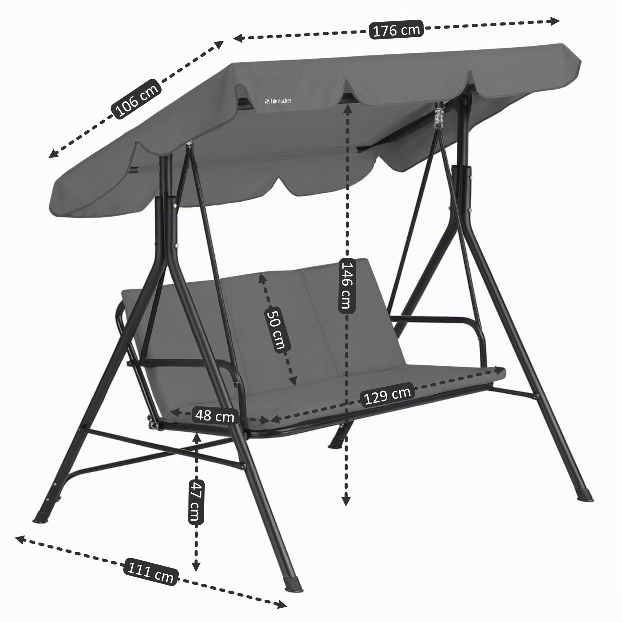 Balancelle 3 places avec toit pare-soleil | Gris | Charge maximale : 250 kg | Chaise à bascule, banc à bascule pour extérieur | Balancelle de jardin, fauteuil à bascule | Bascule souple