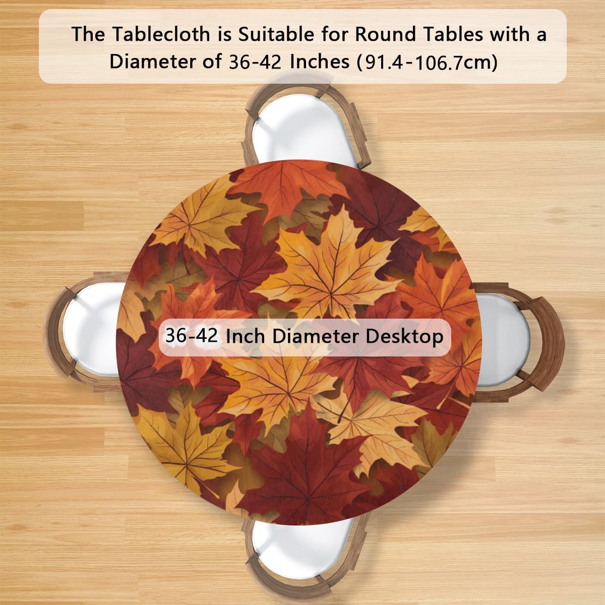 Round Tablecloth Fall Maple Leaves Autumn Pattern Fitted Table Cloth with Elastic Edge Waterproof Spill Proof Elastic Table Cover for Kitchen Party Decor, Fit 36-42In Round Tables