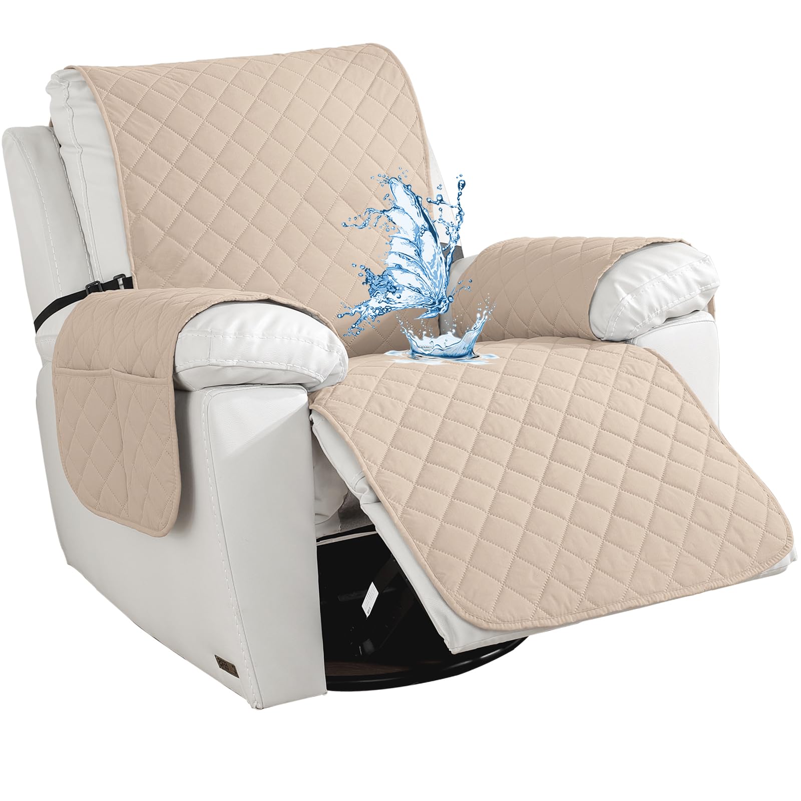 Impermeable Funda Sillon Reclinable 1 Asiento, Funda Sillon Reclinable con Bolsillos Laterales, Antideslizante, Antiarañazos, Universal, Fácil De Instalar Y Lavar, Beige