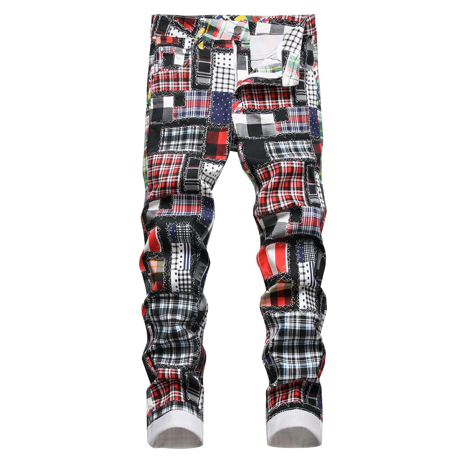 Pantalones Hombre Vaqueros-Pantalones de Mezclilla elásticos Ajustados con Contraste de Color de Cilindro Recto de Retazos a Cuadros con Estampado Digital
