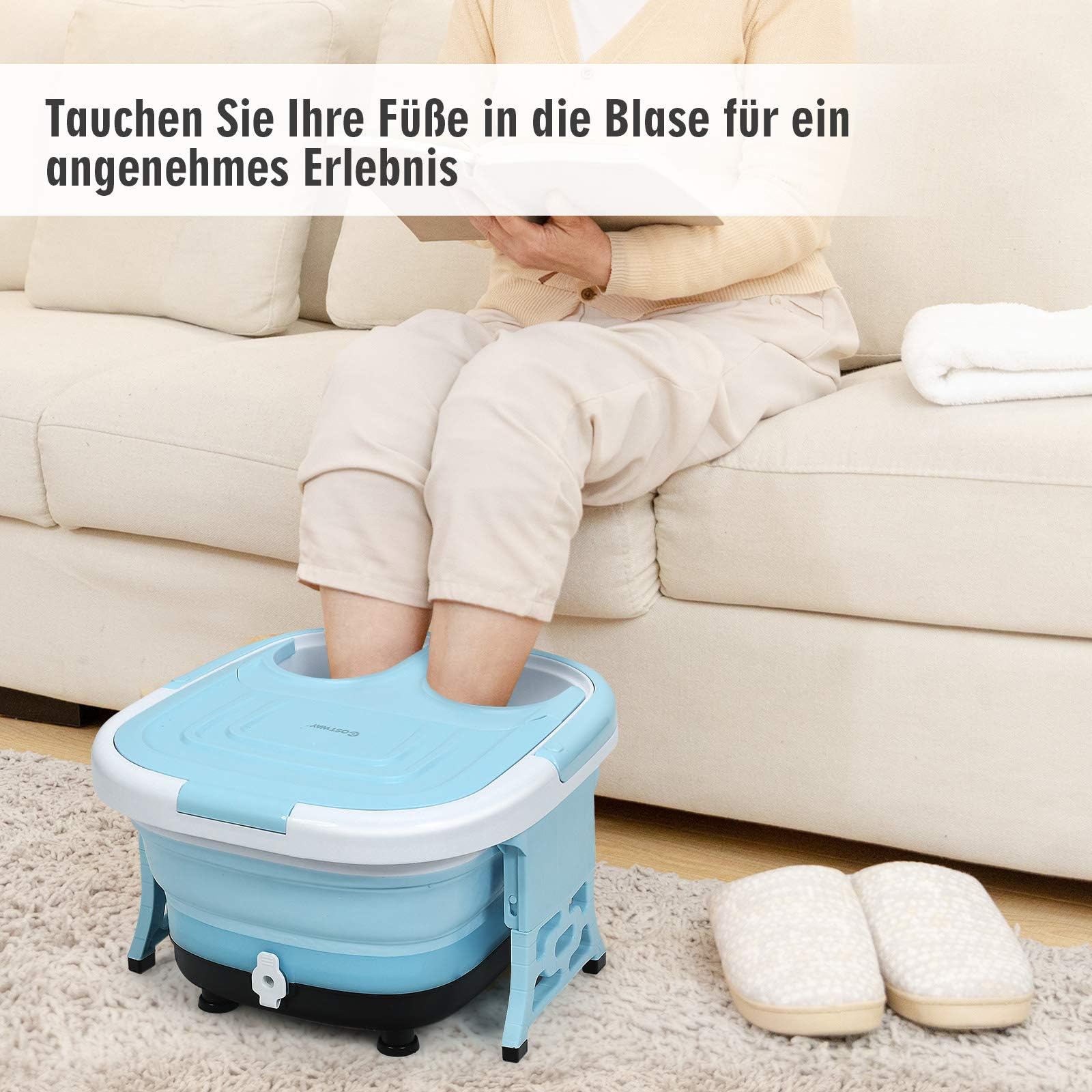 FANTASK Elektronische Fußbadewanne, Fußmassagegerät klappbar mit Heizung, Max. 48°C, 10-60 Min Timer, Multifunktionales Fußbad mit Sprudelfunktion & Infrarotlicht, inkl. Fernbedienung, 500W (Blau)