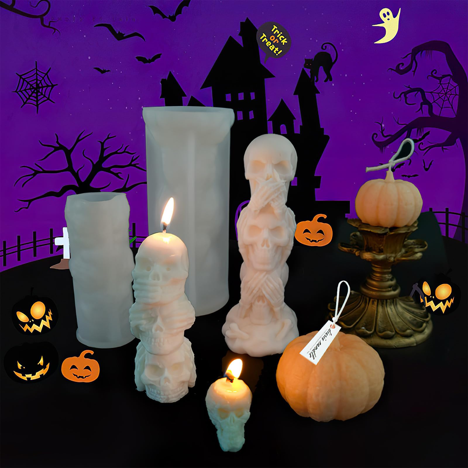 4 Pezzi Stampo Teschio in Silicone per Candele Halloween, Bianco