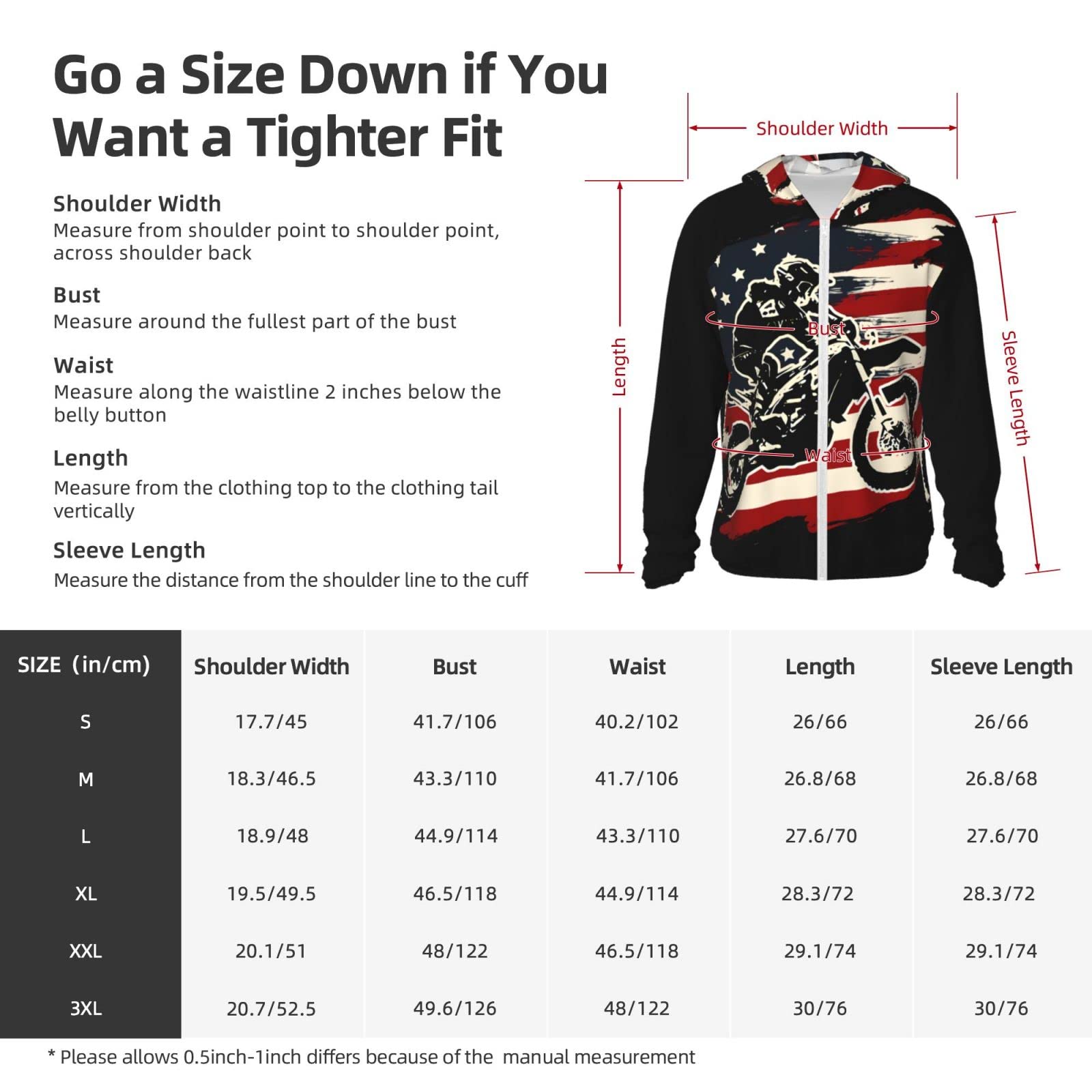 errtavt Motocross Dirt Bike American Flag Sun Protection Hoodie Women's Long Sleeve Uv Shirts Jacket Jacket Hooded with Pockets for Hiking Outdoor Large