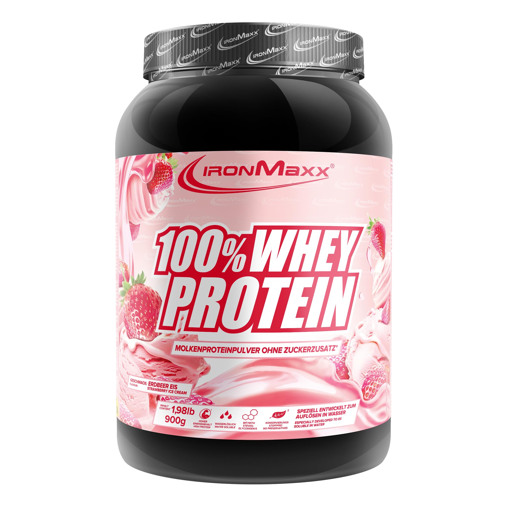 IronMaxx 100% Whey Protein Glace à la fraise – Poudre de protéines de lactosérum hydrosoluble | Riche en protéines | Contient naturellement des BCAA | Faible en sucre | Proteine Whey - 900 grammes