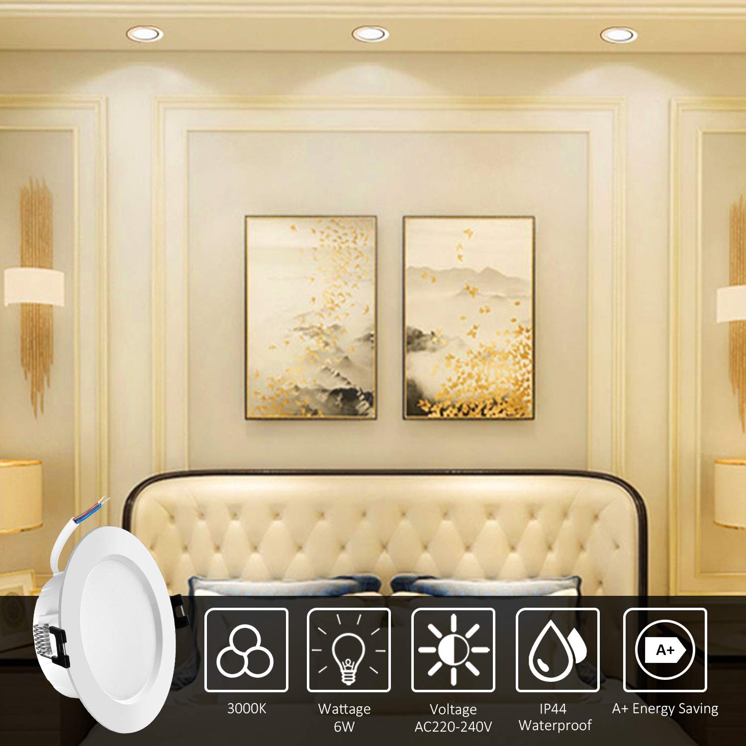 Foco Empotrable LED de 6W, Luz de Techo LED Impermeable Blanca Cálida 3000K IP44, Foco de Techo Empotrable AC 220-240V, No Regulable Luz de Techo Redonda Para Baño, Cocina, Paquet de 6