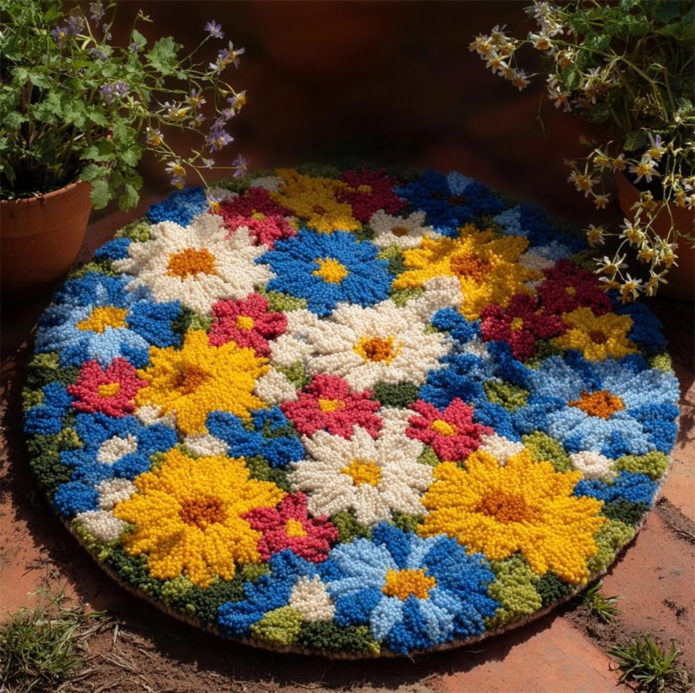 kitphoenix Latch Hook Kits for Adults Meadow Bloom 20X20Inch (50X50Cm) DIY Latch Hook Rug Kit, Home Carpet Rug Making Kit, Cross Stitch Embroidery Kits Needlework Crafts Rug for Home Decor