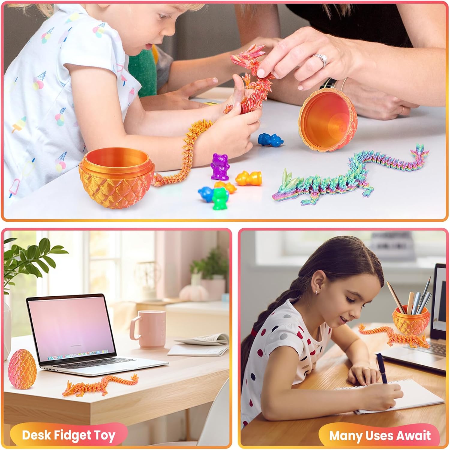 3D Printed Dragon Egg with Articulated Crystal Dragon Inside -Surprise Dinosaur Egg Fidget Toys for Kids 8-12 5-7 4-6, Unique Prefilled Easter Basket Stuffers for Kids Teens(Laser Pink Gold)