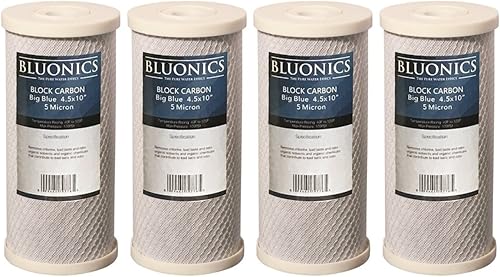 BLUONICS Filtros de agua de repuesto de bloque de carbono, 4 cartuchos (5 micrones) de 4.5 x 10 pulgadas para cloro, mal sabor y olor