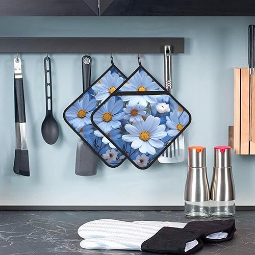 Miniatura 8 de Juego de 2 soportes para ollas con estampado de margaritas, lavables, resistentes al calor, almohadillas calientes para horno con bolsillos,