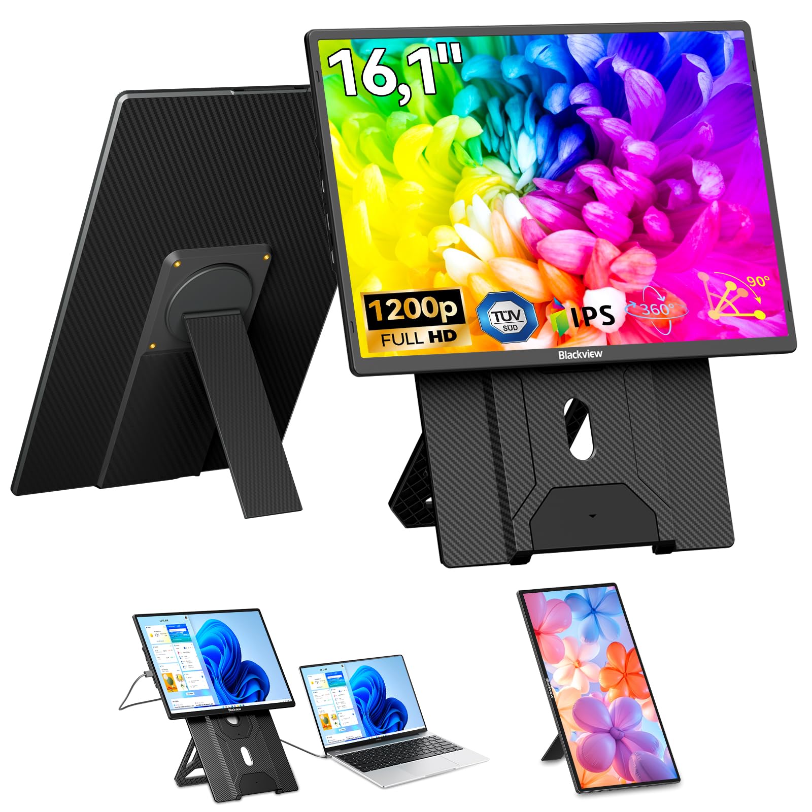 Blackview 16.1 Zoll Ultradünner Portable Monitor, 360° Drehbarer Magnetständer, 1200P 16:10 FHD Laptop Bildschirm erweiterung für Reise & Büro, Plug & Play - Kompatibel mit Windows/Mac/PC/PS5
