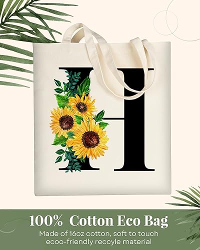 Miniatura 4 de AUSVKAI Bolsa Tote de Lona Estética para Mujeres, Lindo Girasol Trendy Personalizado Inicial Monograma Cumpleaños Bolsas de Algodón Reutilizables