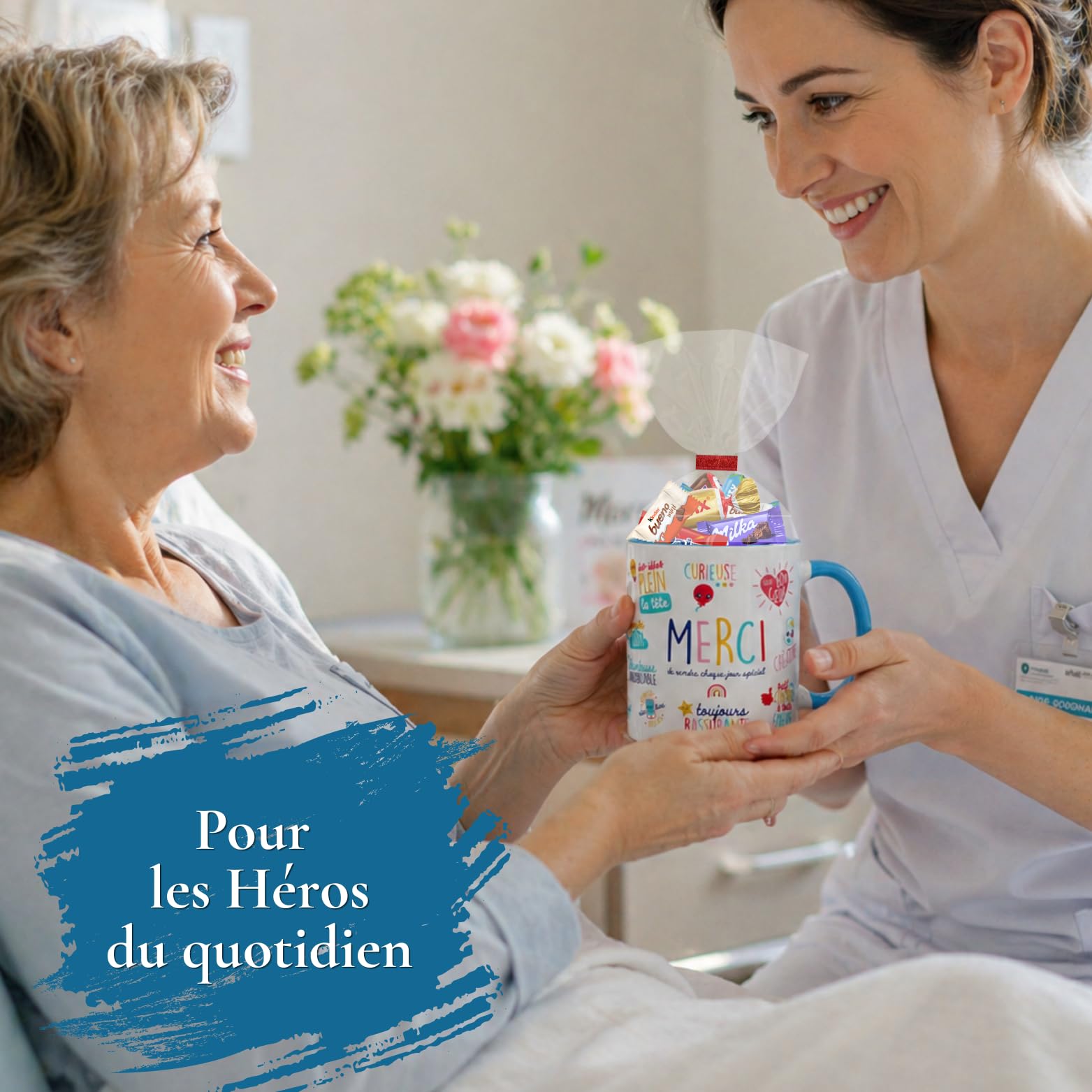 Mug MERCI garni d'un assortiment de 20 chocolats MILKA, KINDER, CELEBRATIONS, DAIM | Cadeau pour remercier les Maîtresses, ATSEM & Nounous, Collègues, Soignantes