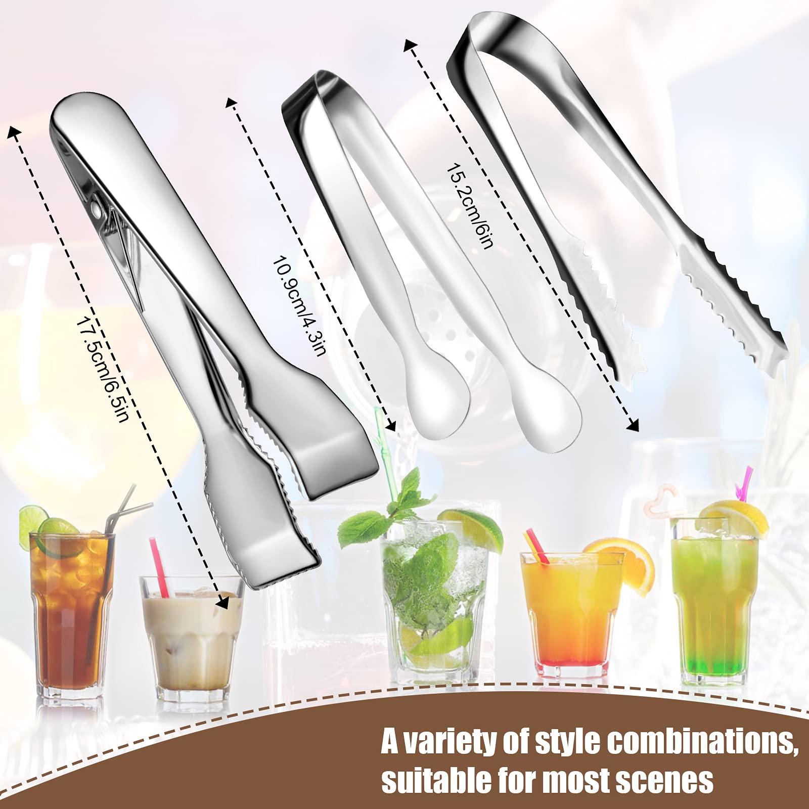 4 pinzas y cucharas plateadas para cubo de hielo, de acero inoxidable, versátiles pinzas para servir con dientes, pala para congelador, cocina, bufé, cóctel, fiesta de té, bar, boda, barbacoa 2