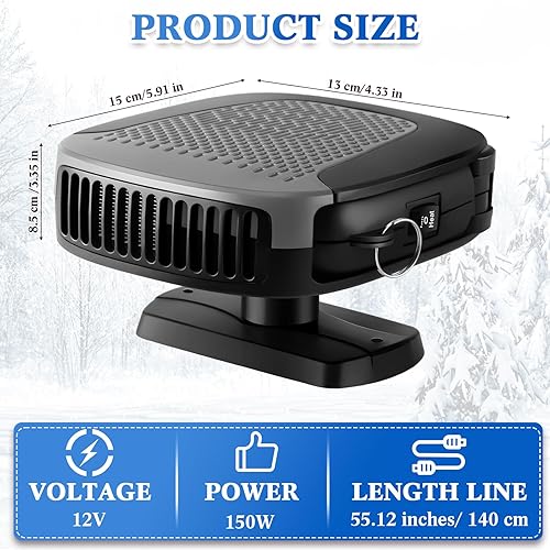 Miniatura 2 de Calentador de coche portátil de 150 W 12 V 2 en 1 para parabrisas de automóvil, descongelador, enchufe para cigarrillo, rotación de 360 grados,