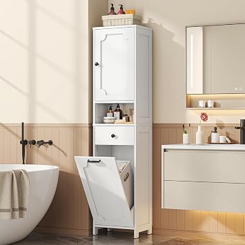 66.9 Tall Bathroom Cabinet with Laundry Basket, Freestanding Bathroom Storage Unit with Drawer Door and Shelves, Tilt-Out Laundry Hamper with Upper Storage Cabinet, White