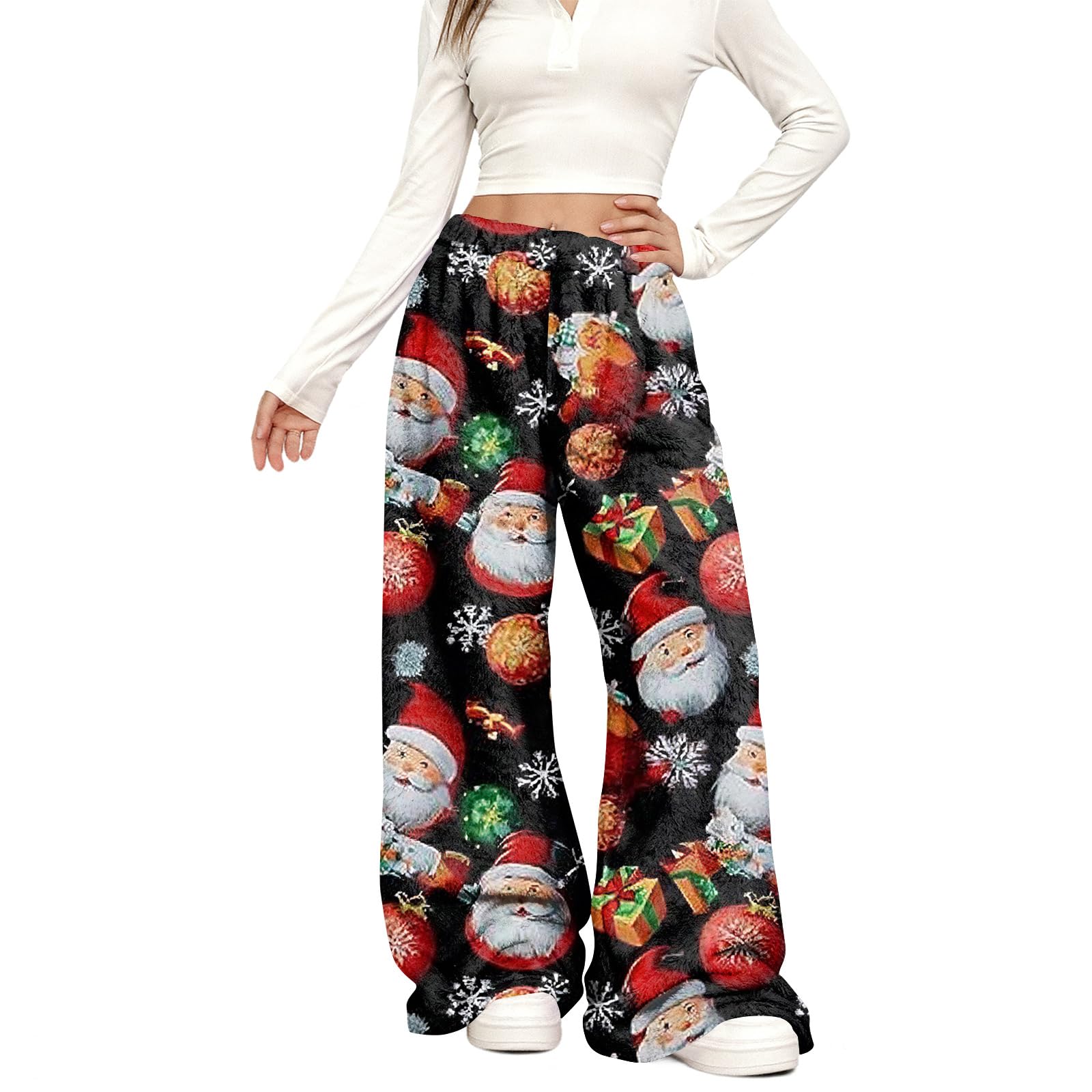 FQZWONG Christmas Wide Leg Pant for Women 2025 Casual Loose High Waisted Pants Cute Xmas Holiday Print Drawstring