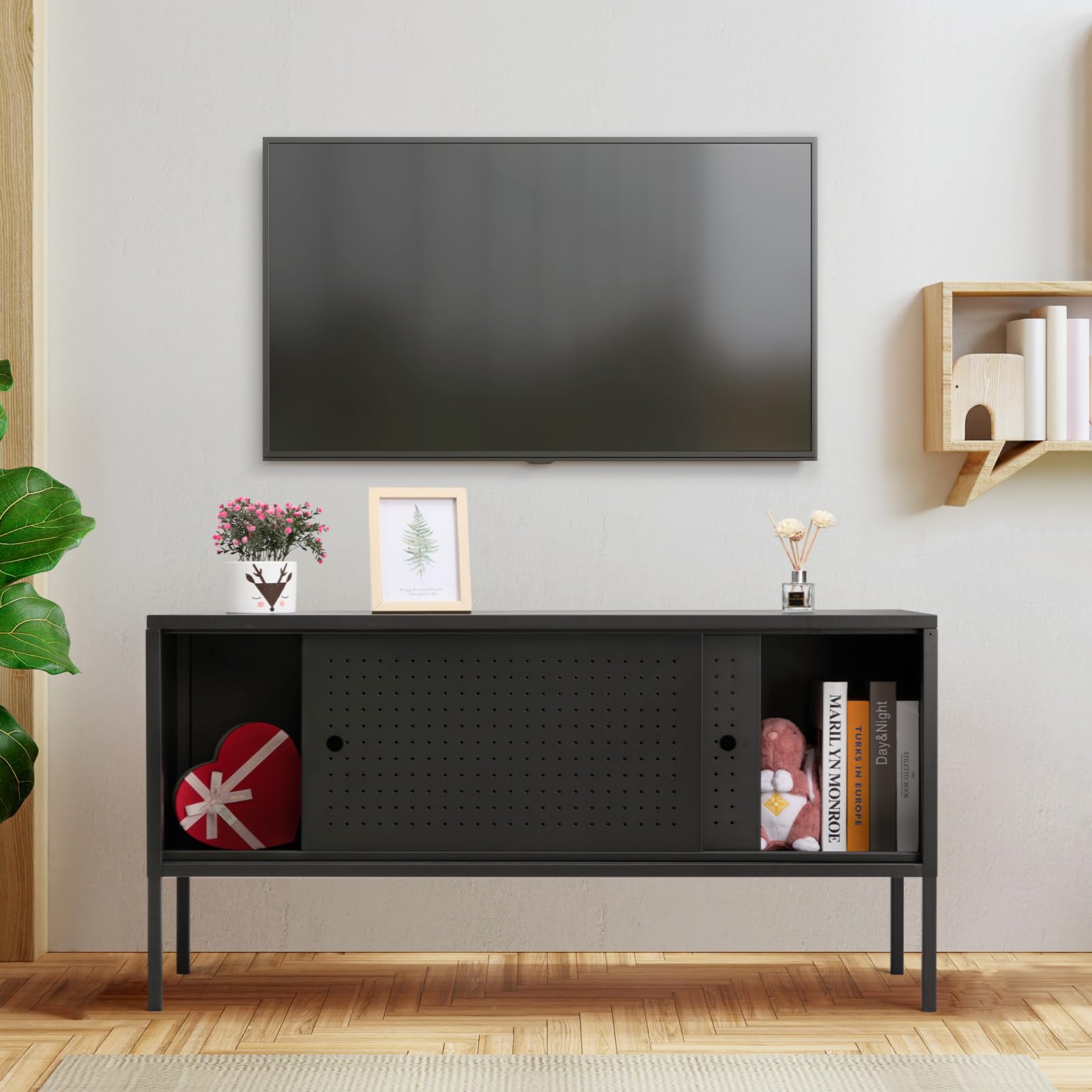 HollyHOME Modern Metal TV Stand for TVs up to 55 inch, TV Stand with Sliding Doors, Media